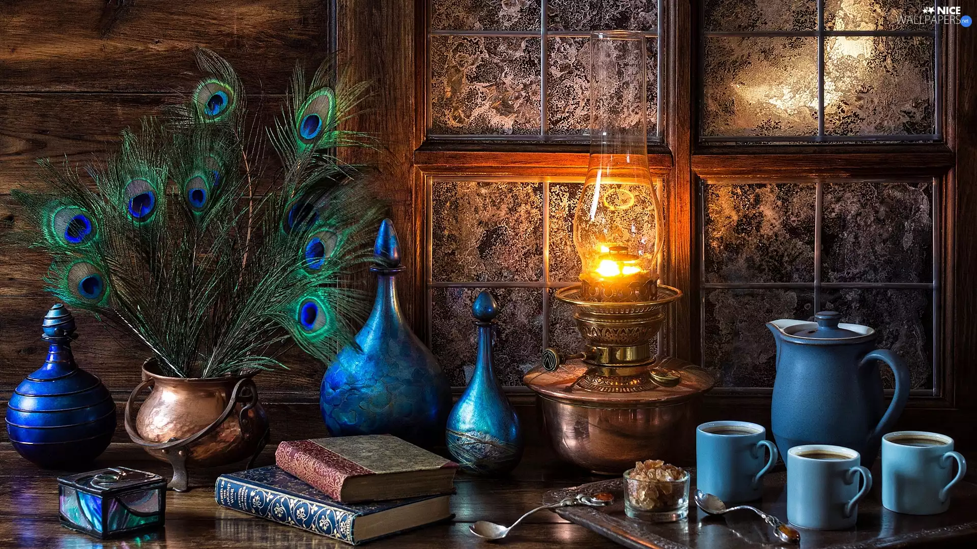 feather, Oil Lamp, dishes, peacocks, composition, Blue, Window