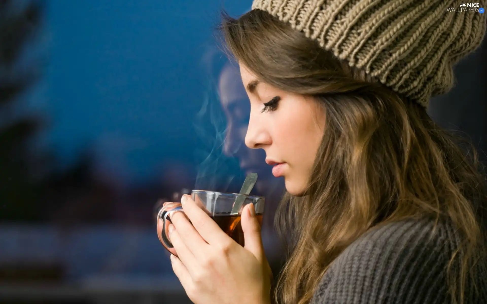 Window, winter, hot, tea, girl