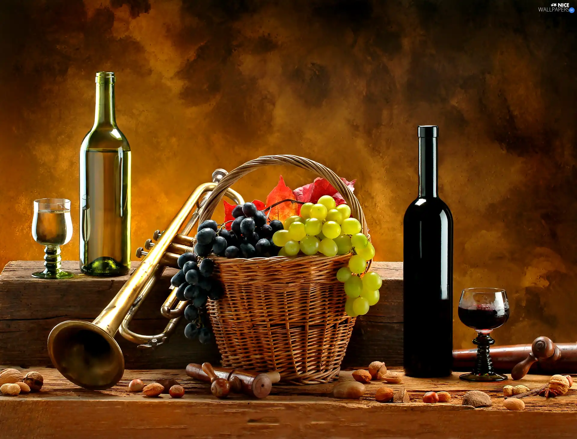 basket, trumpet, Wine, grapes