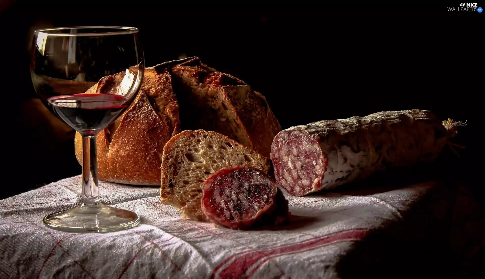 glass, Wine, bread, sausage, composition
