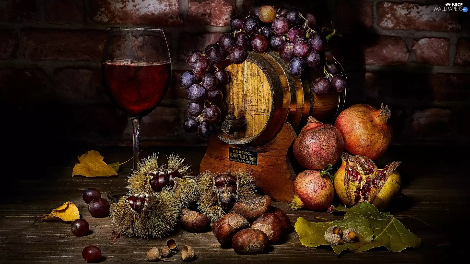 Acorns, glass, Grapes, brick, grenades, Cask, Wine, composition, wall, Sweet Chestnuts