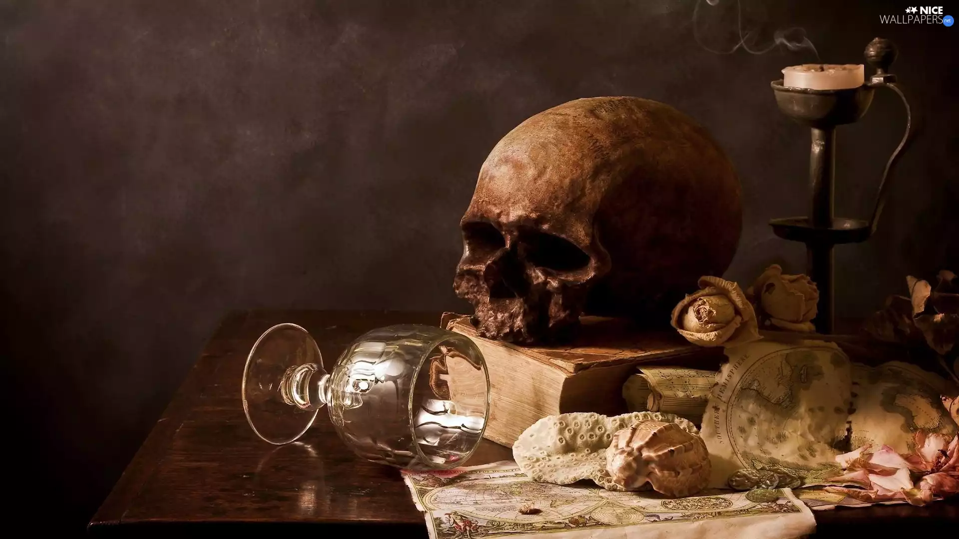 composition, wine glass, candle, skull