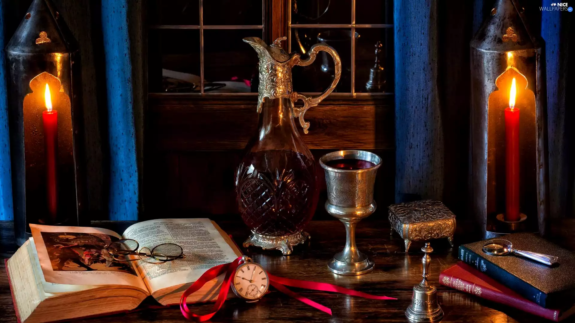 Book, carafe, Lanterns, Wine, composition, Glasses, Candles