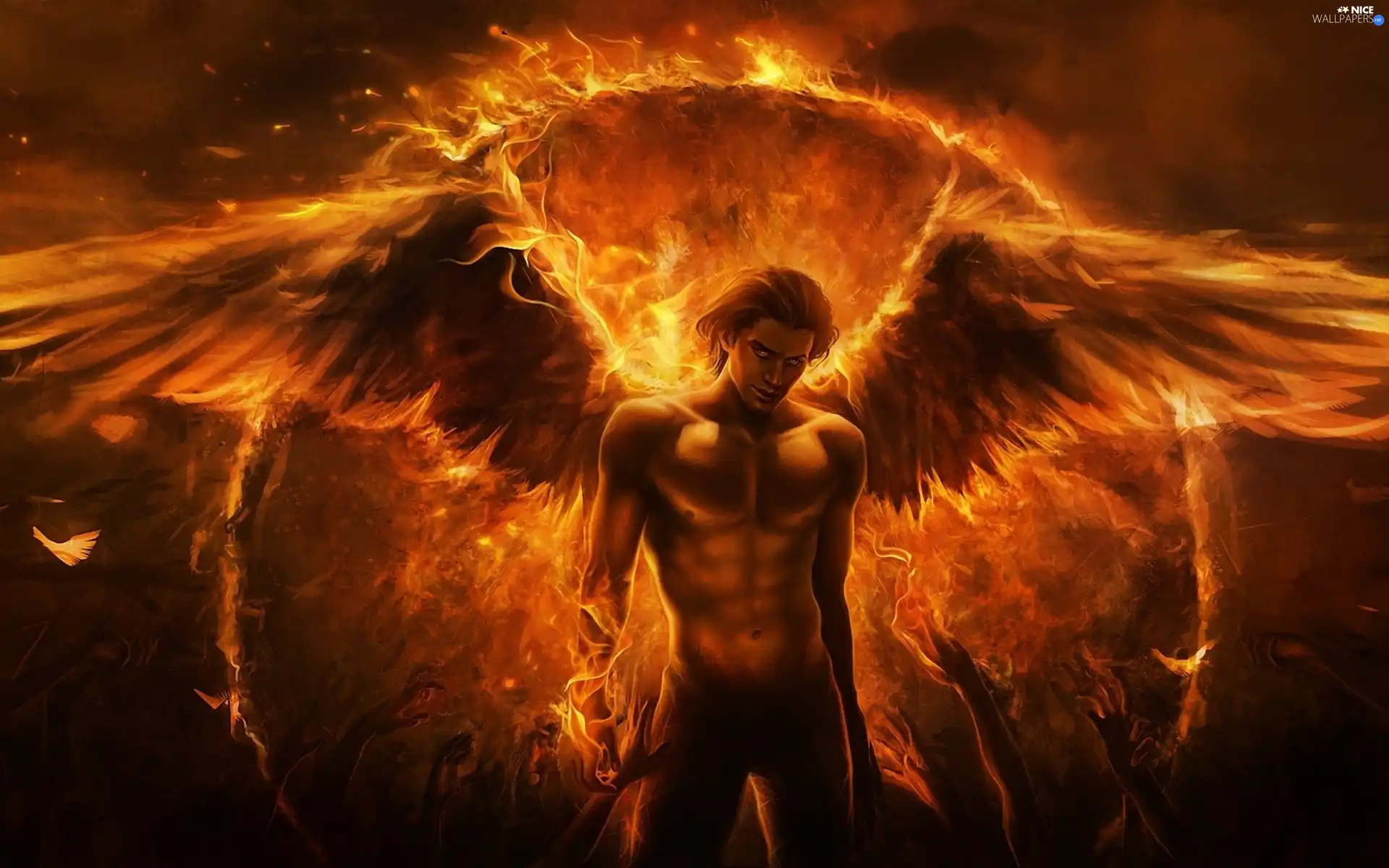 Big Fire, a man, wings