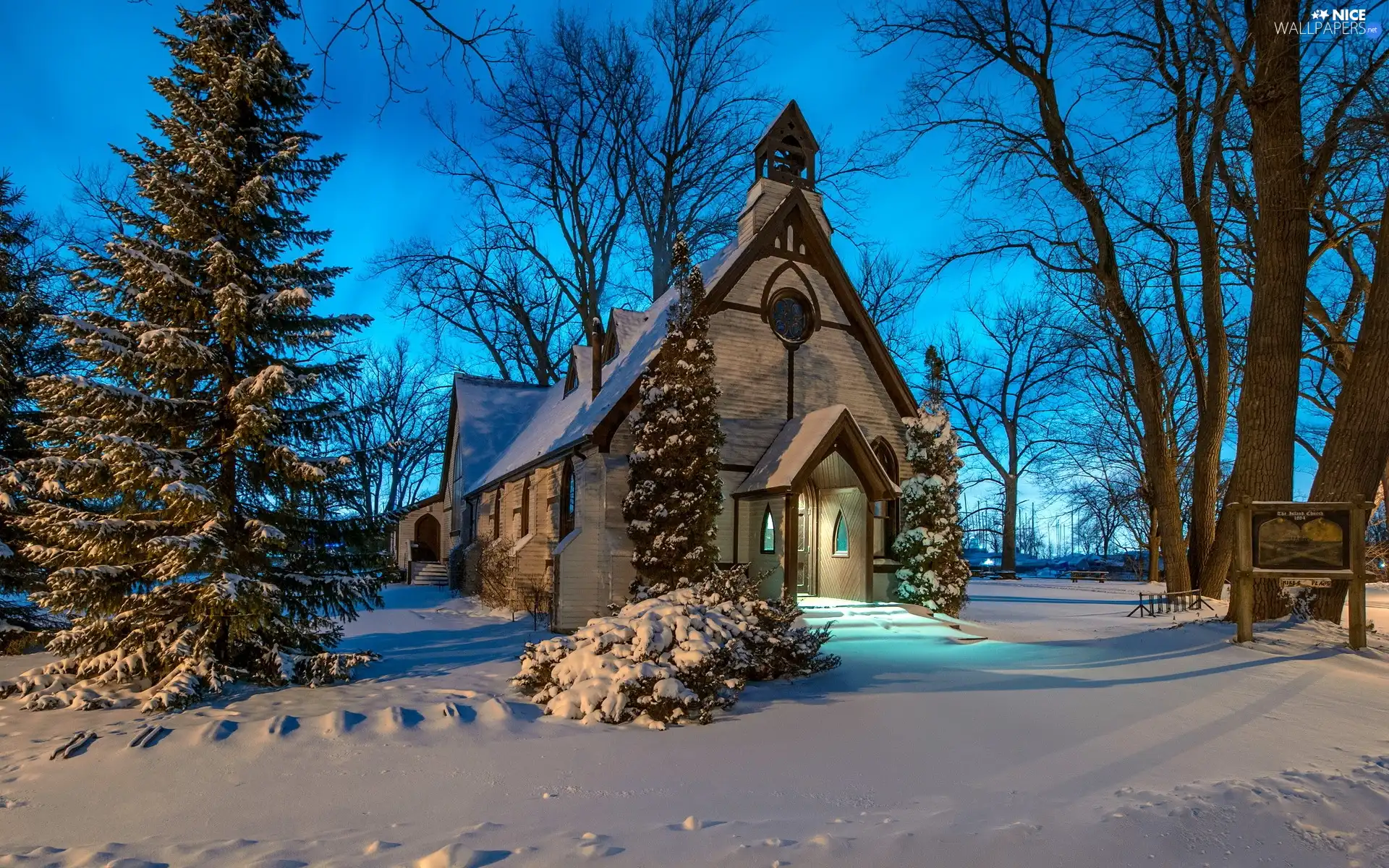 church, viewes, winter, trees