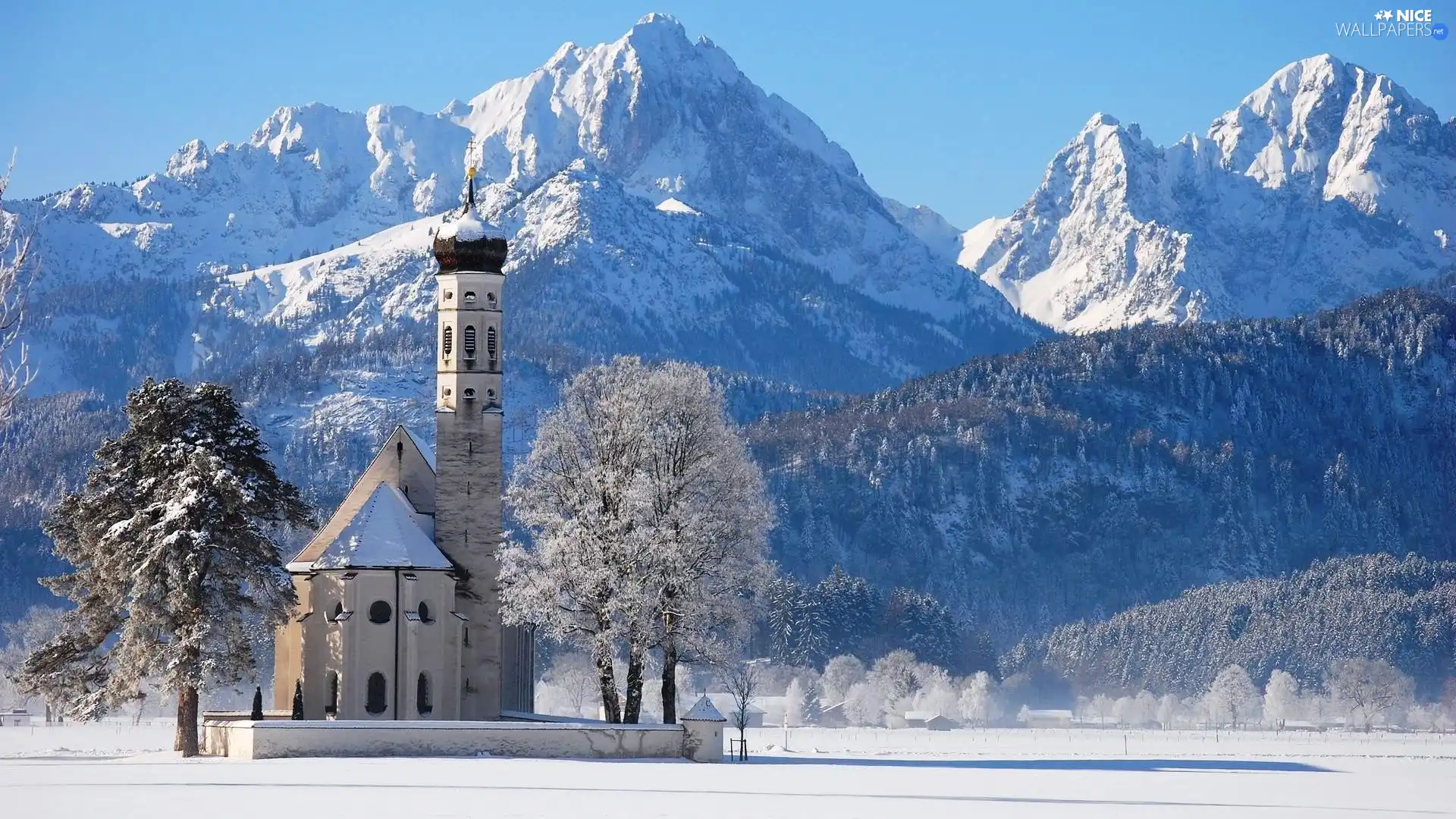 church, woods, winter, Mountains