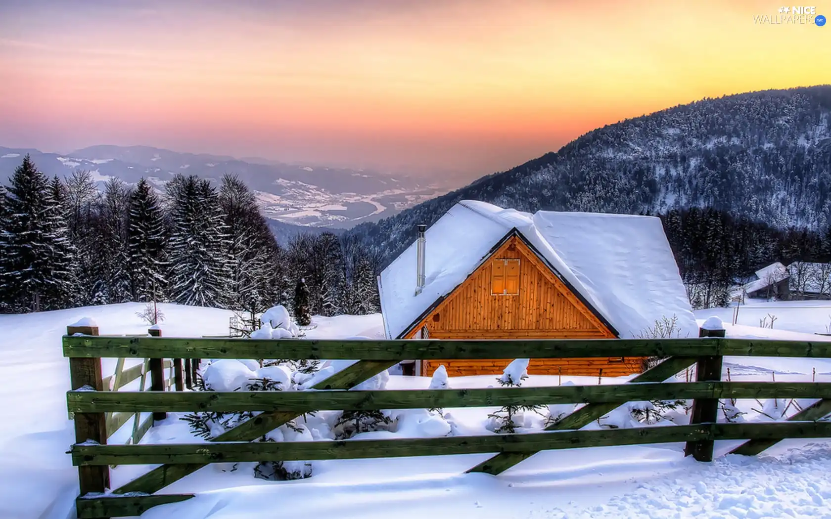 winter, fence, woods, Home, Mountains