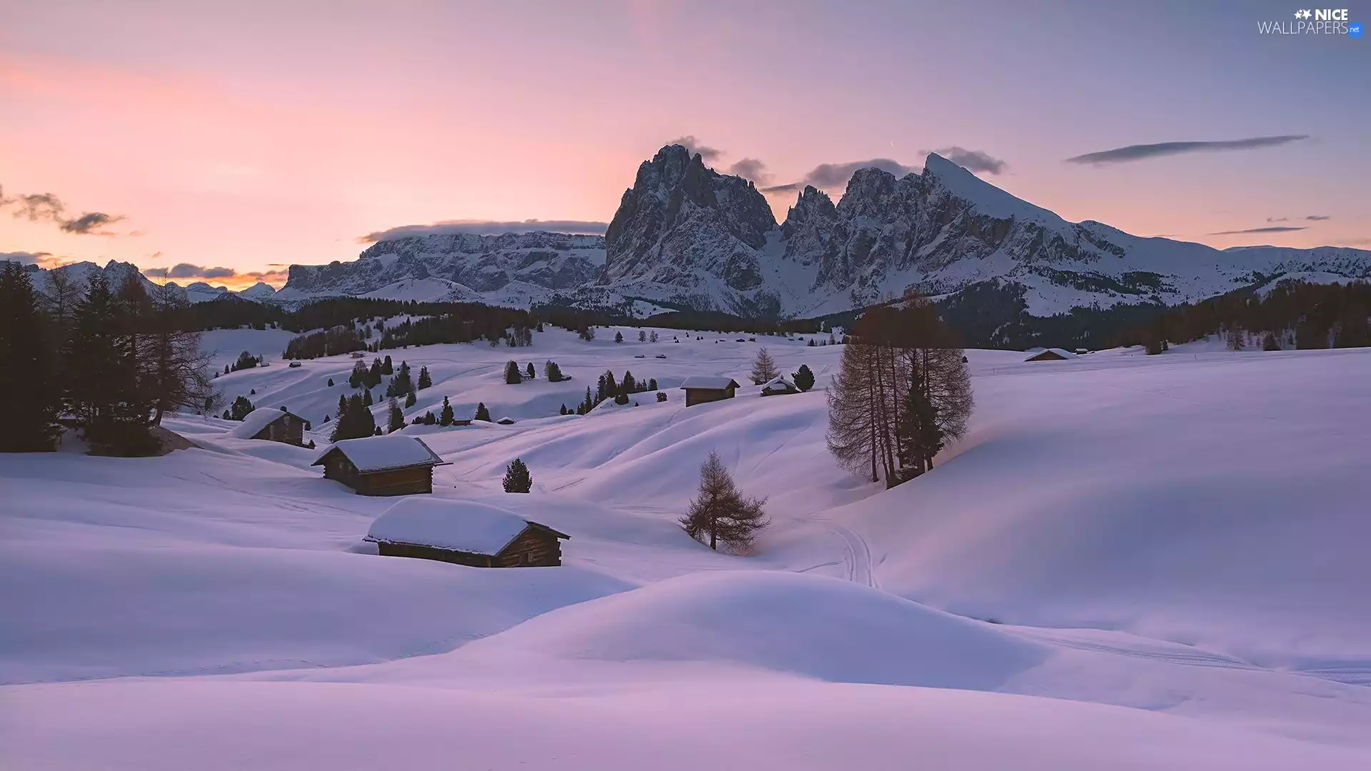 Dolomites, Italy, wood, Sassolungo Mountains, trees, winter, Fog, Val Gardena Valley, Seiser Alm Meadow, viewes, Houses