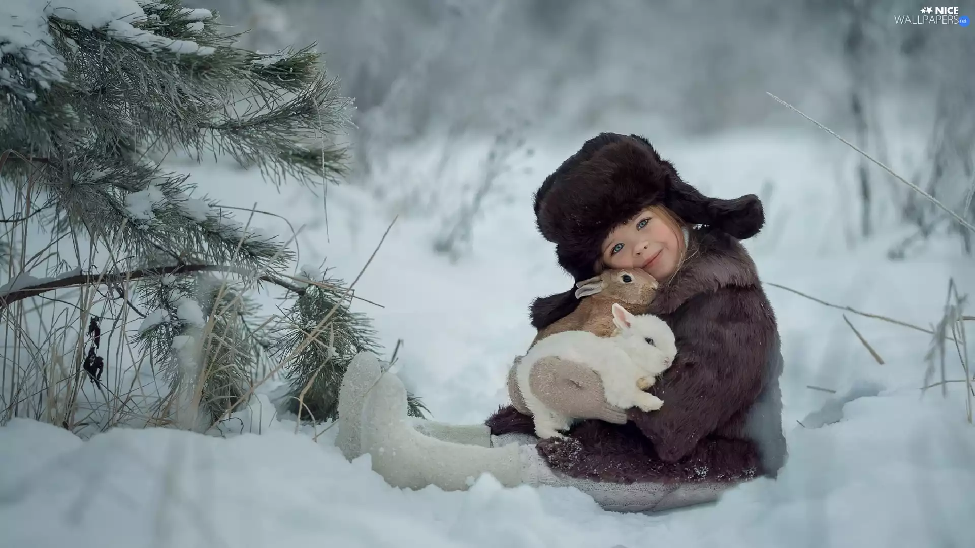 Rabbits, winter, Hat, Fur, girl