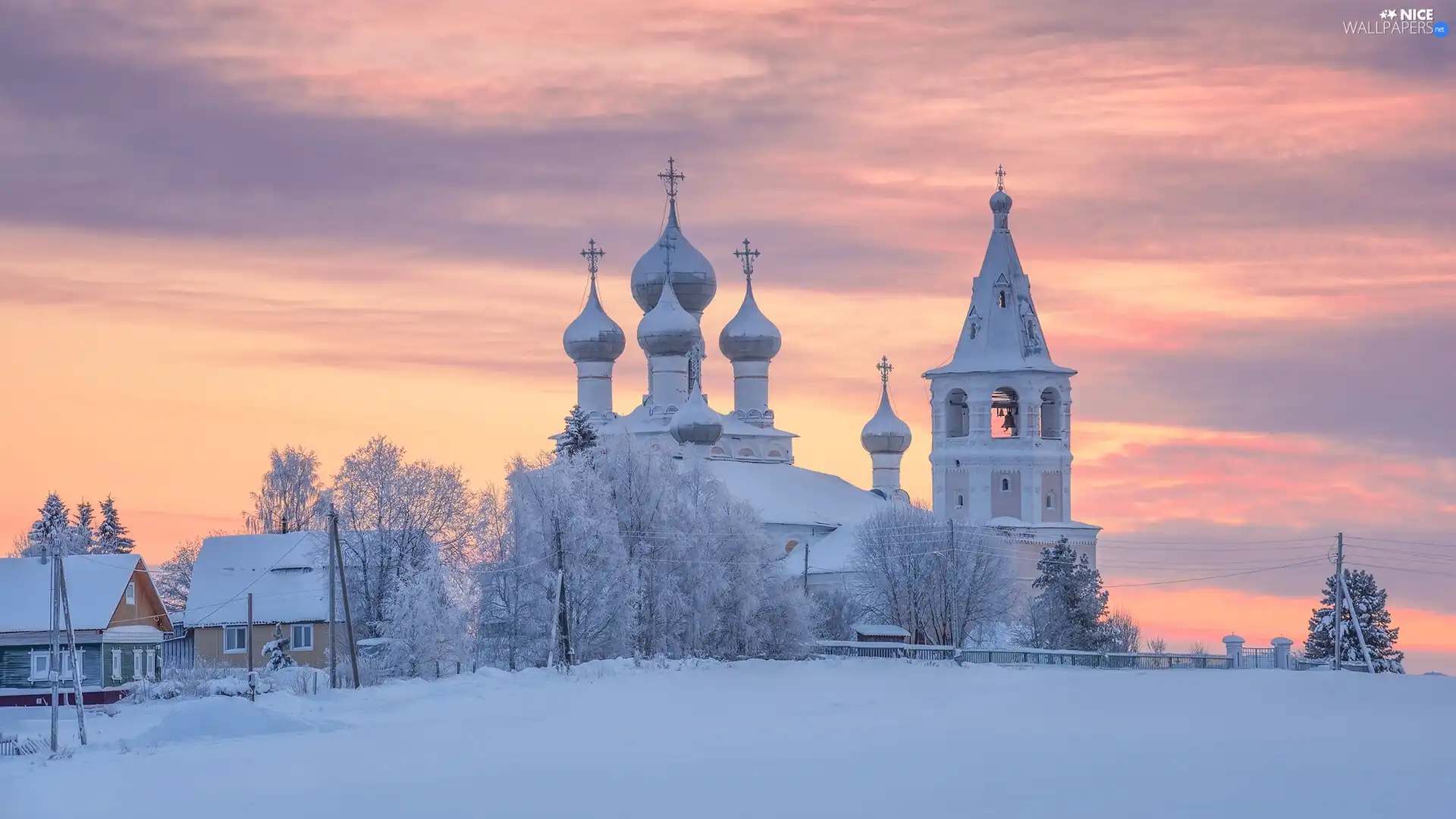 Snowy, Cerkiew, viewes, winter, trees, Houses