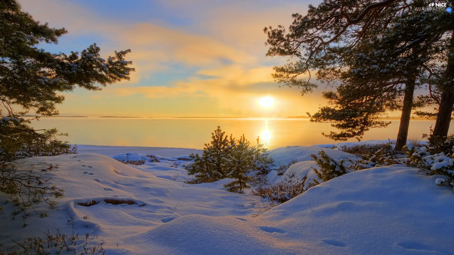 lake, sun, winter, west