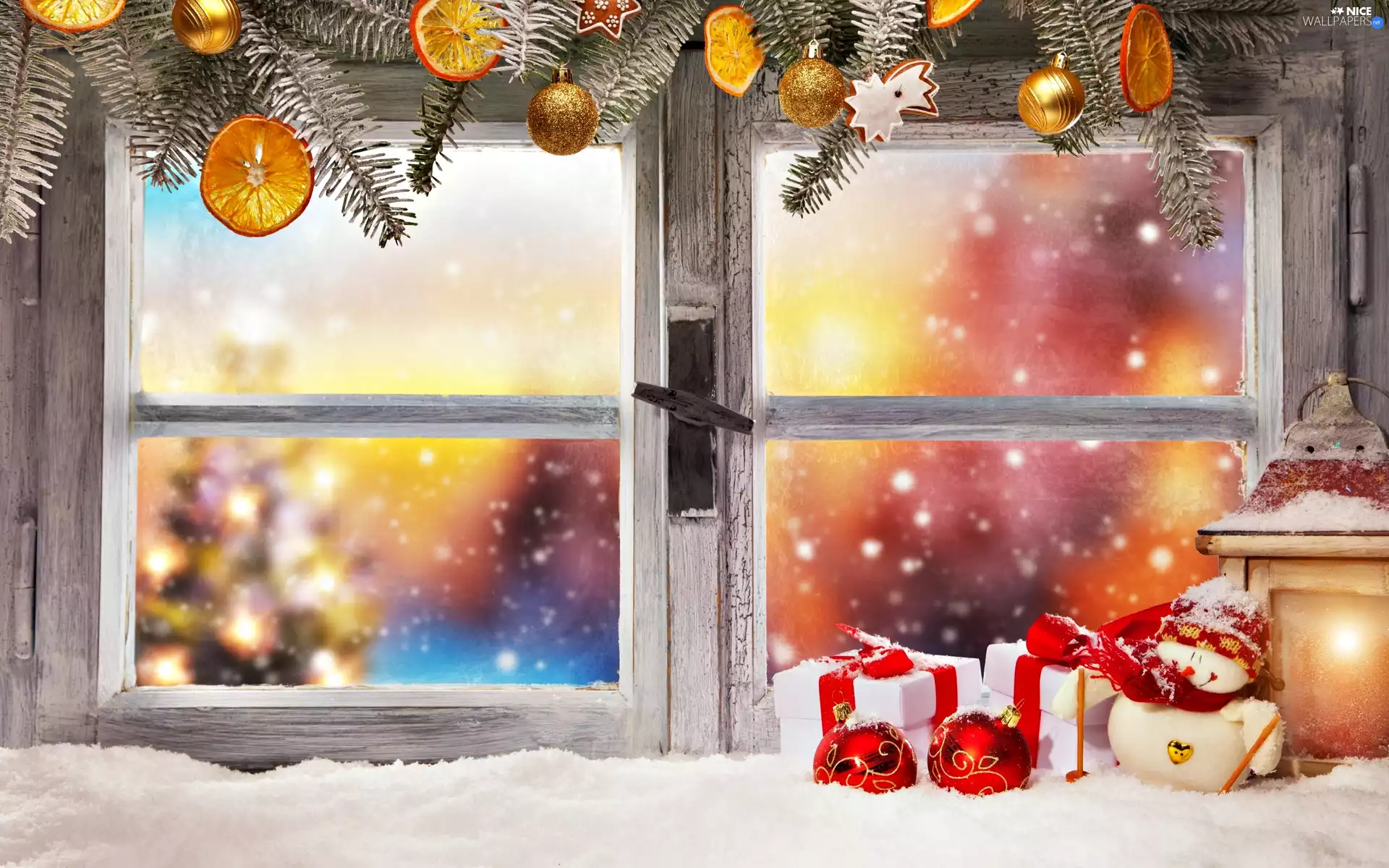 Window, Christmas, lantern, winter, composition, snowmen, Christmas