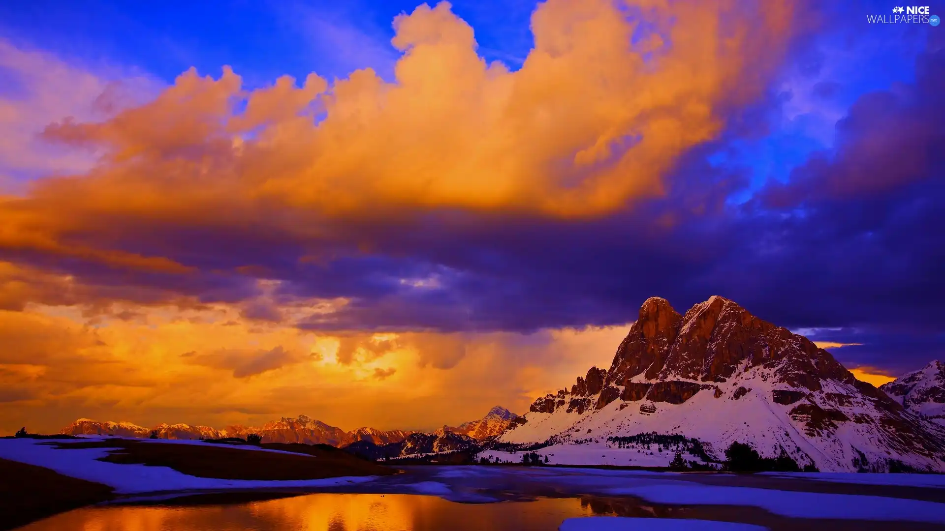 Mountains, clouds, winter, lake