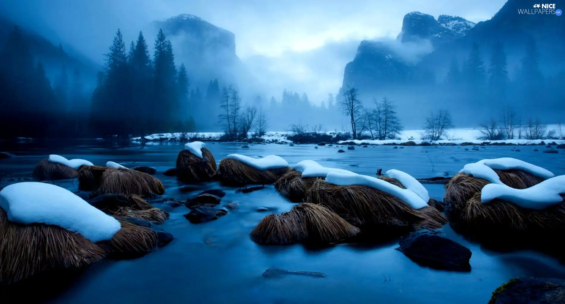 Mountains, grass, winter, lake