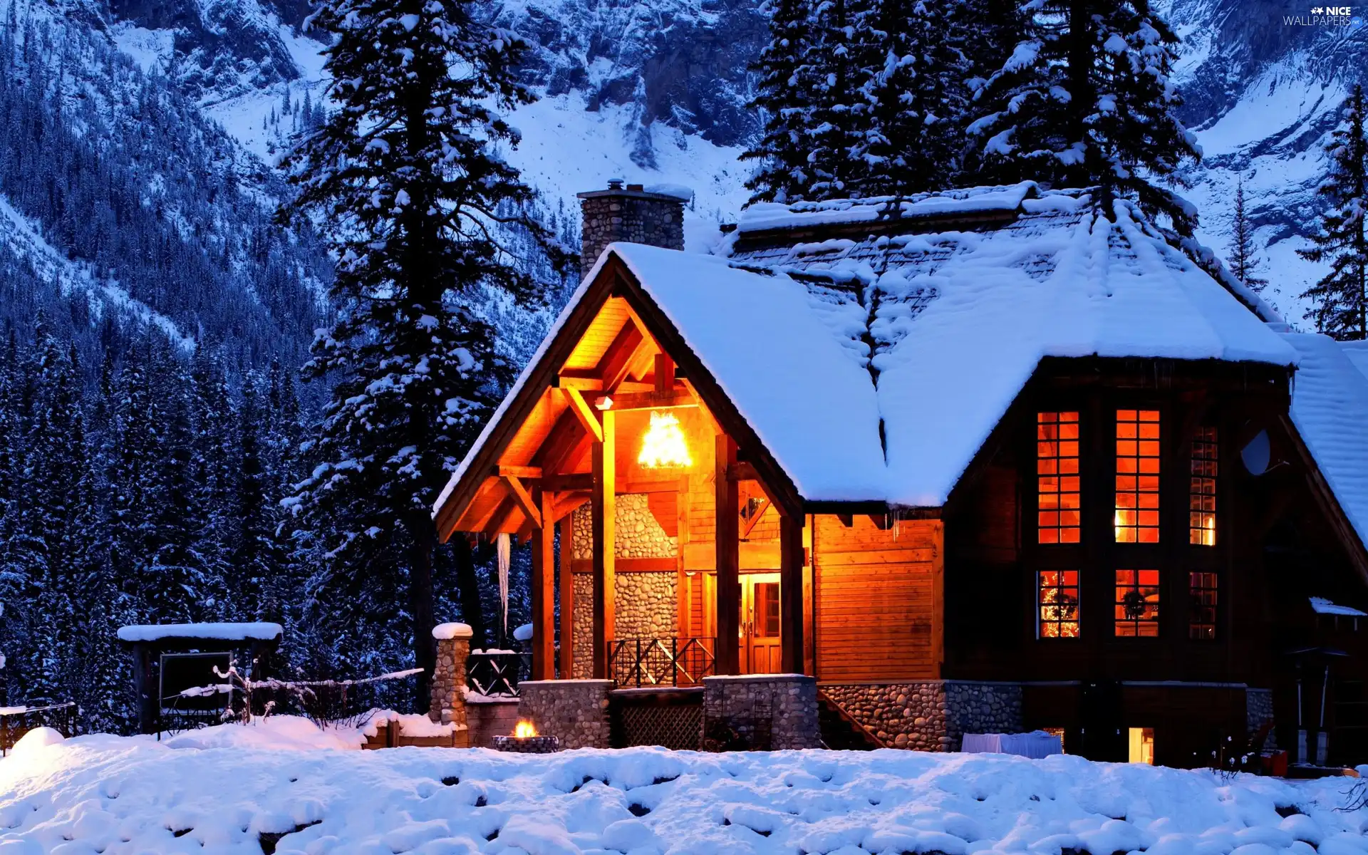 Mountains, Home, winter, Floodlit