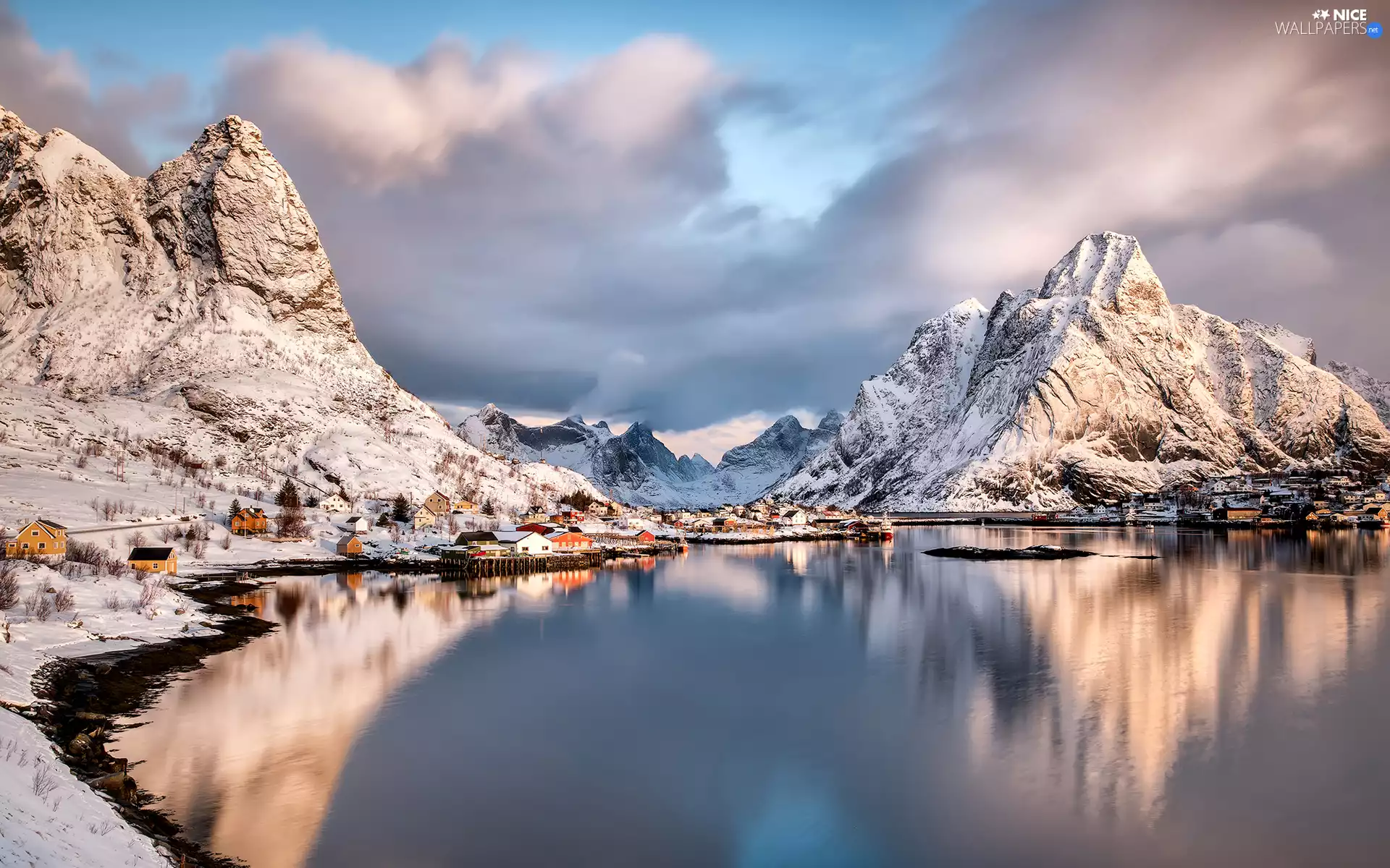 clouds, Lofoten, Mountains, Reine Village, Norway, Houses, winter