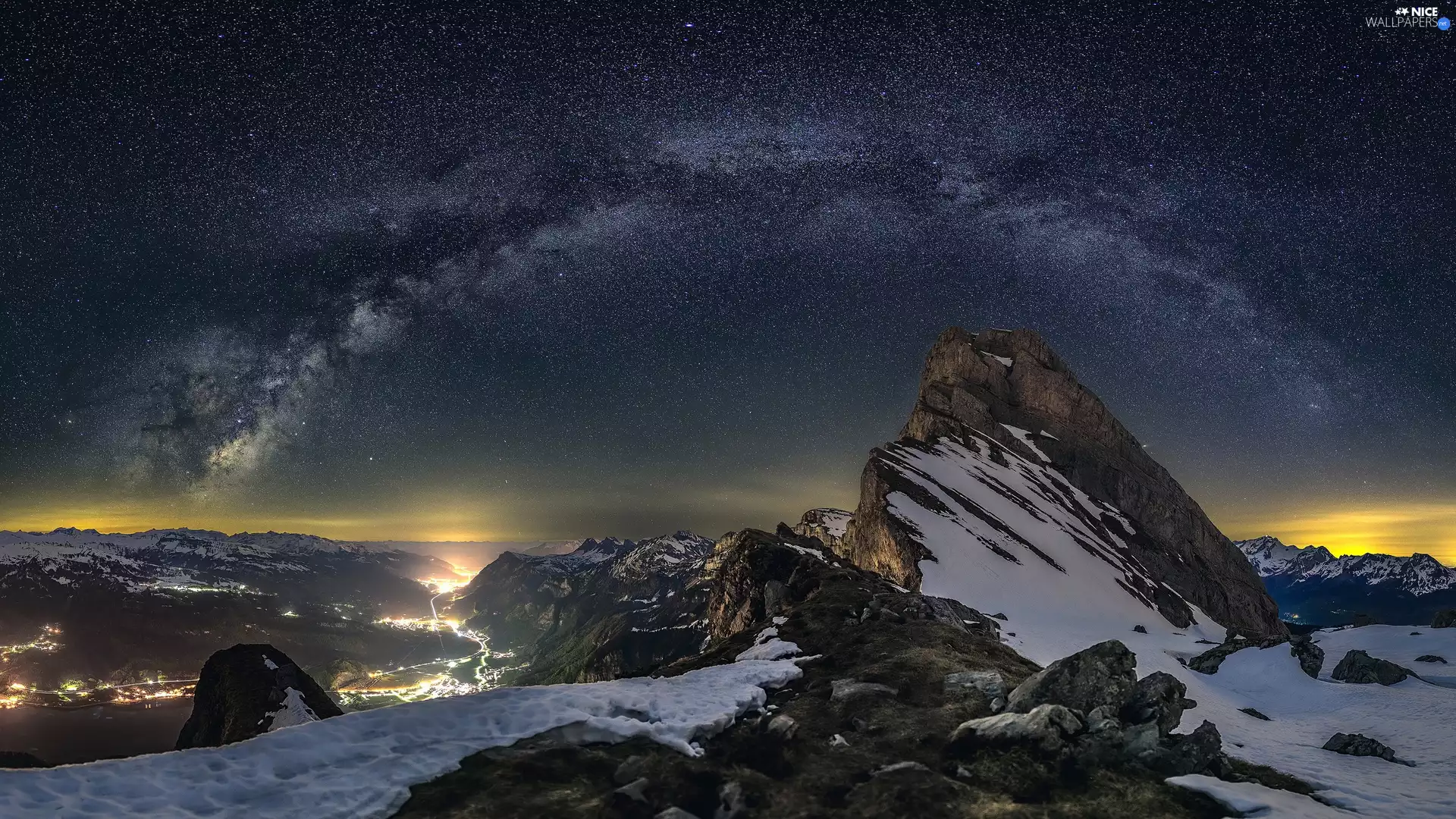 star, Mountains, Night, winter, Star way, Sky