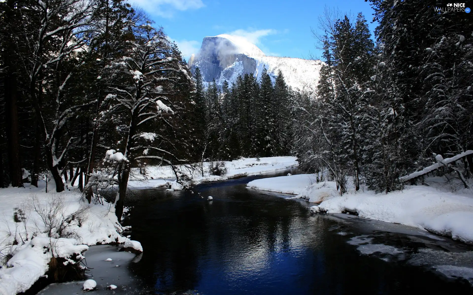 River, woods, winter, Mountains