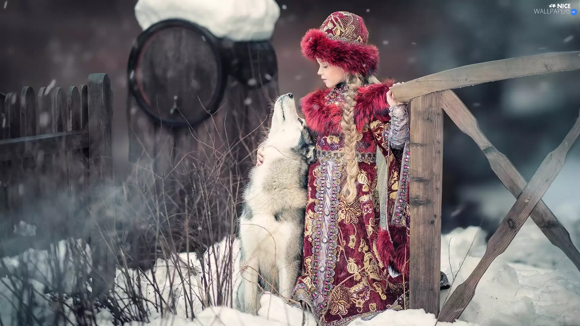 Hat, costume, Siberian Husky, Ducal, girl, dog, winter