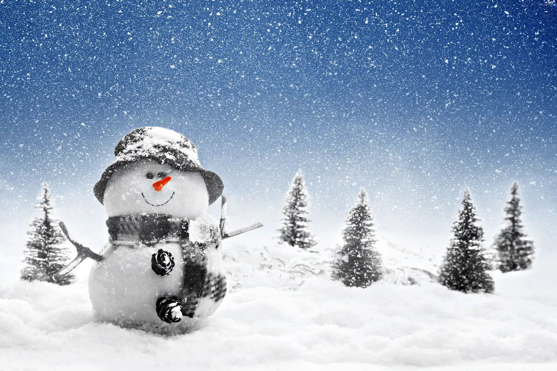 Snowman, snow, winter, Spruces