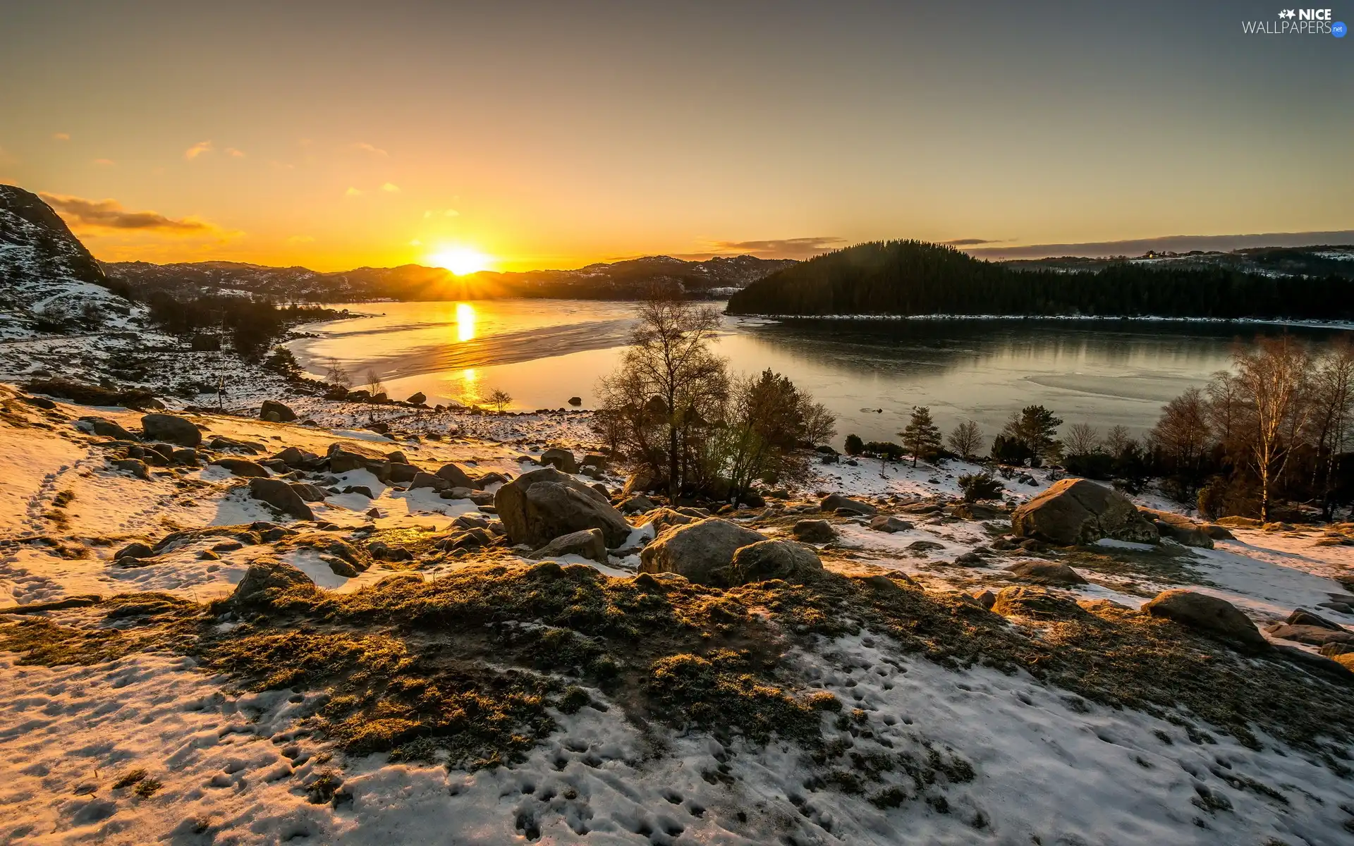 River, sun, winter, The setting