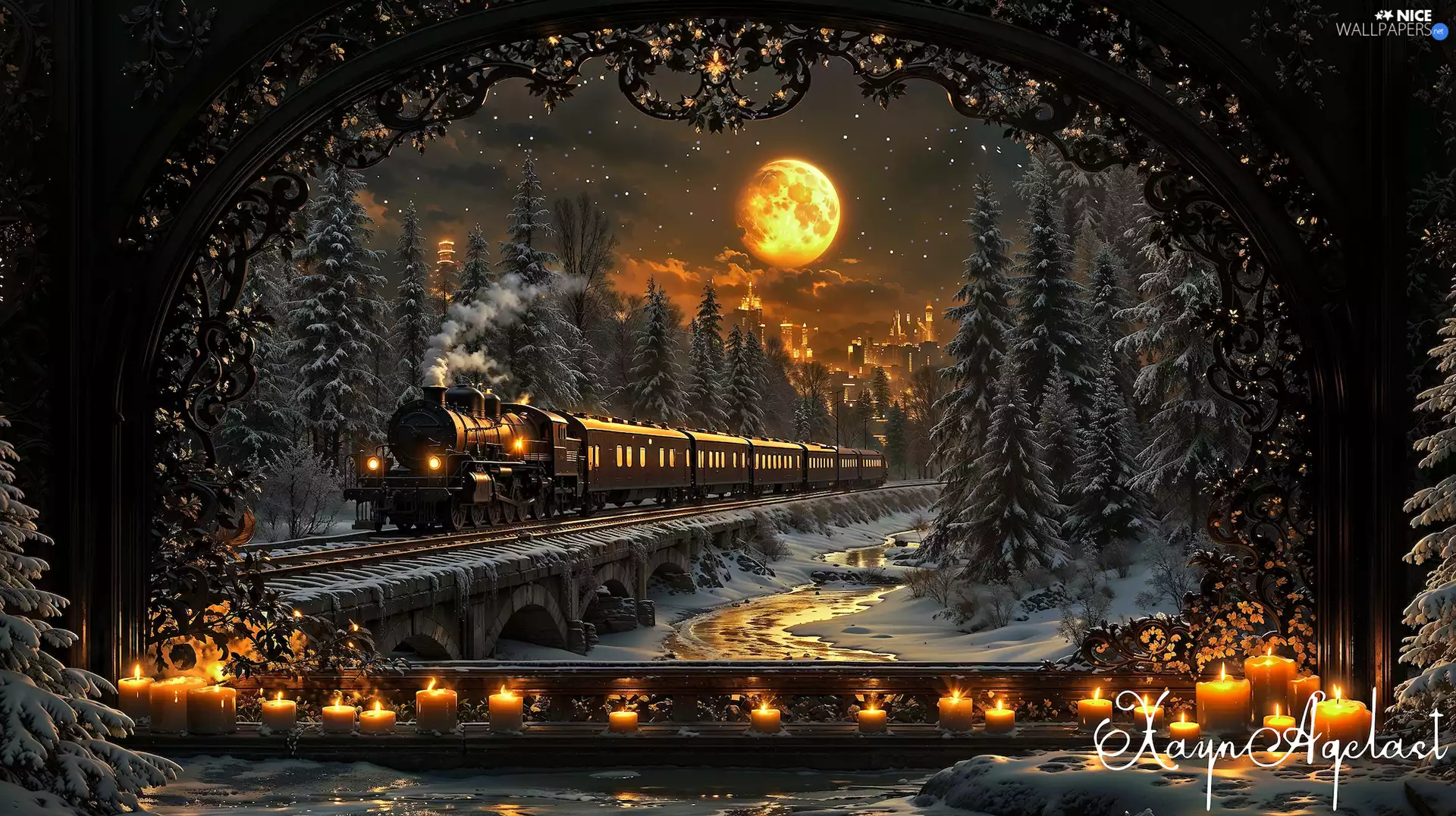 moon, steam train, viewes, Night, graphics, trees, winter