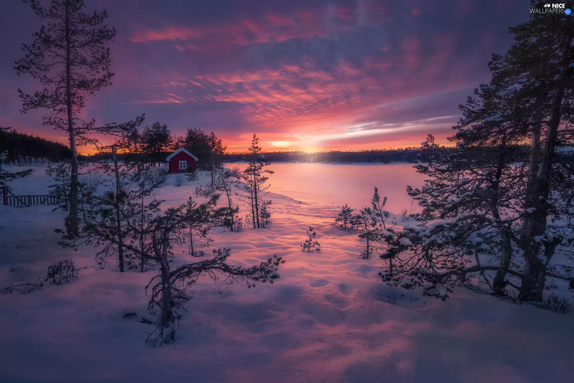 Great Sunsets, trees, house, Ringerike, snowy, winter, viewes, Norway, clouds, lake