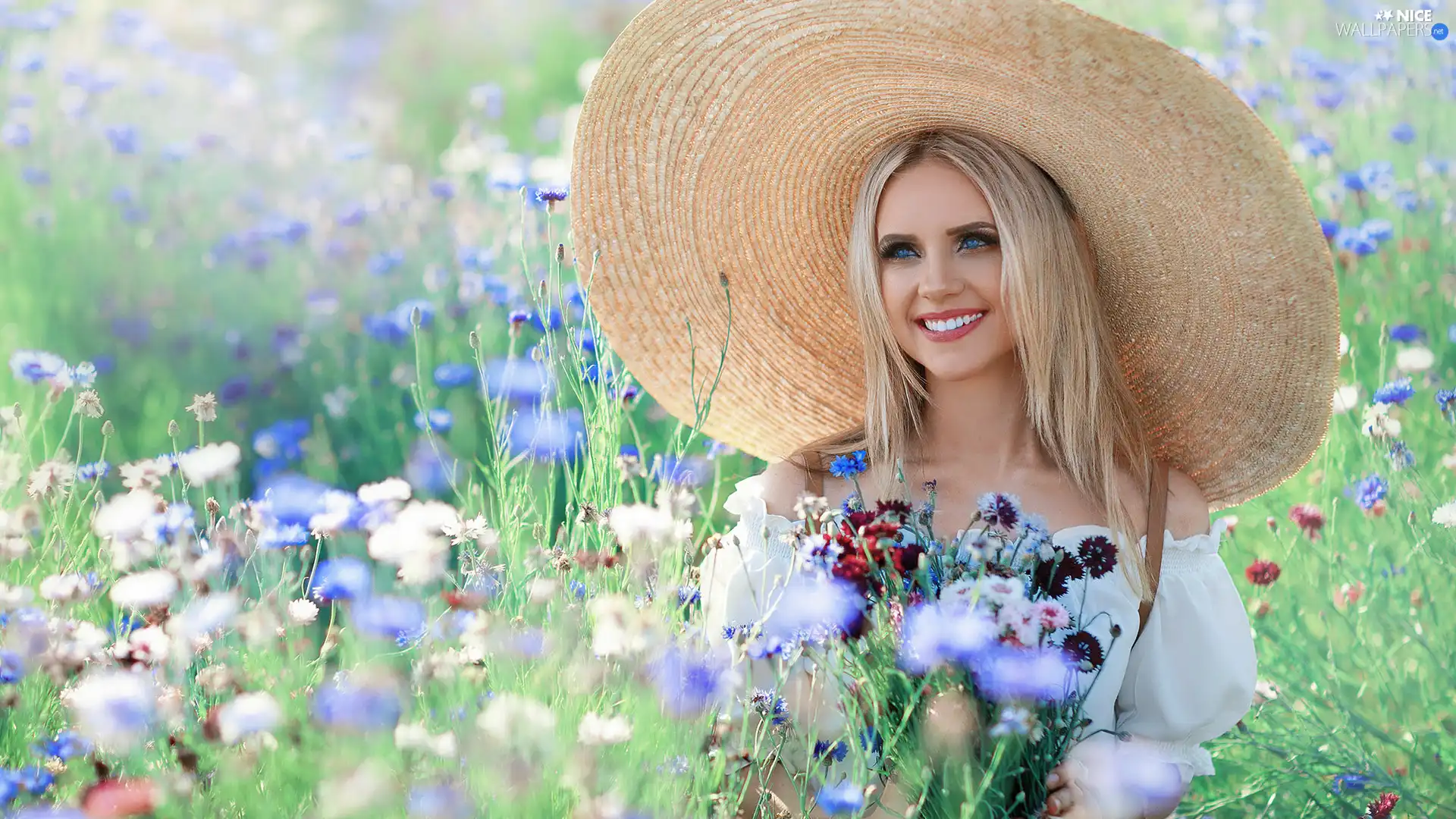 Blonde, Hat, Flowers, Women