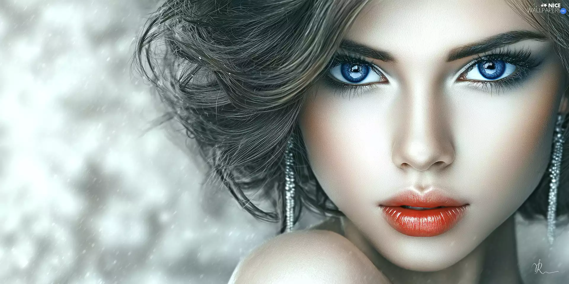 face, blue-, ear-ring, graphics, make-up, Women