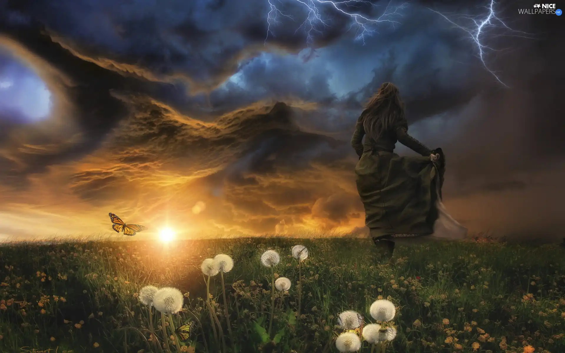 dandelions, Storm, Women, fantasy, butterfly, Meadow