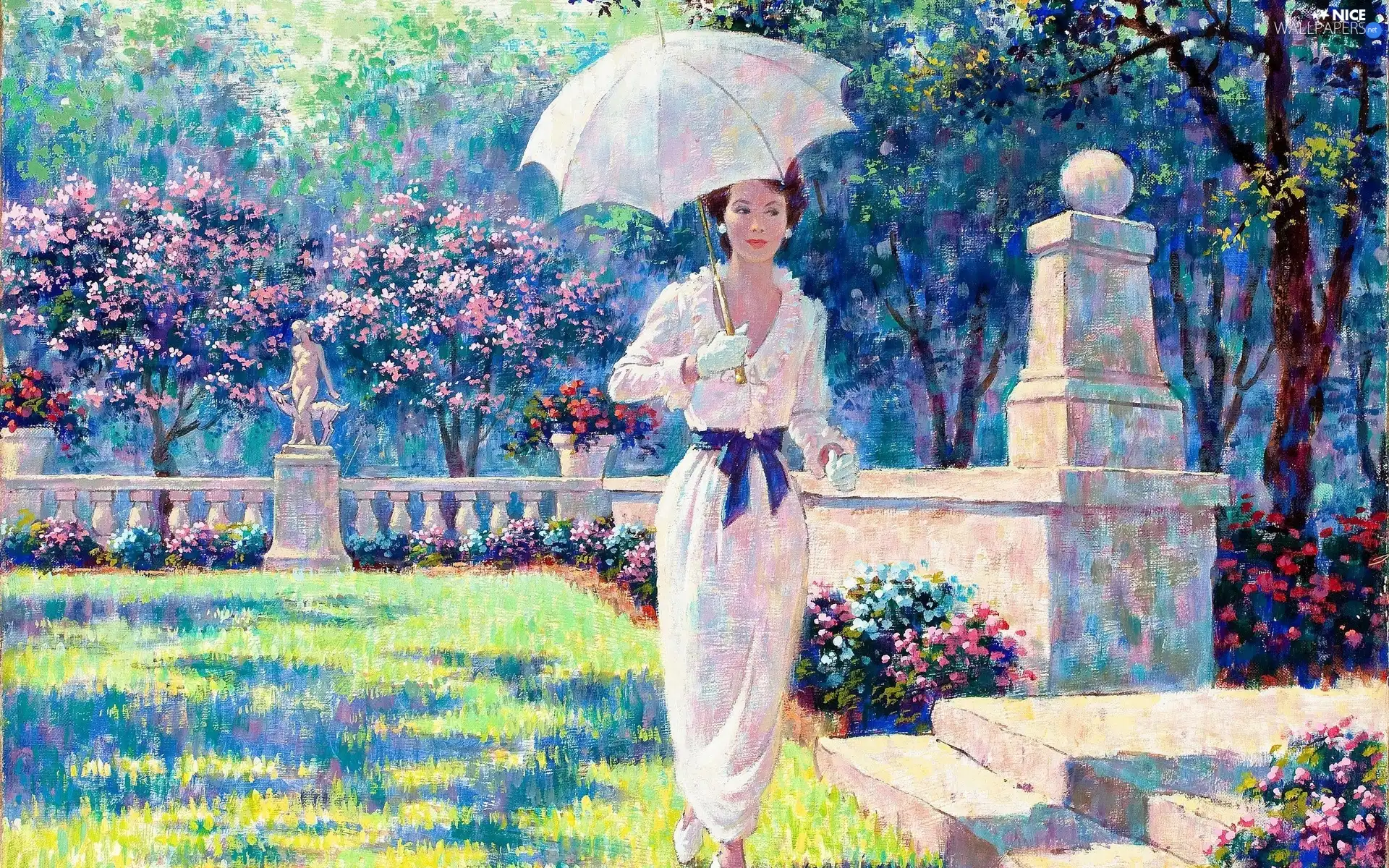 Garden, umbrella, Arthur Saron Sarnoff, Women, picture