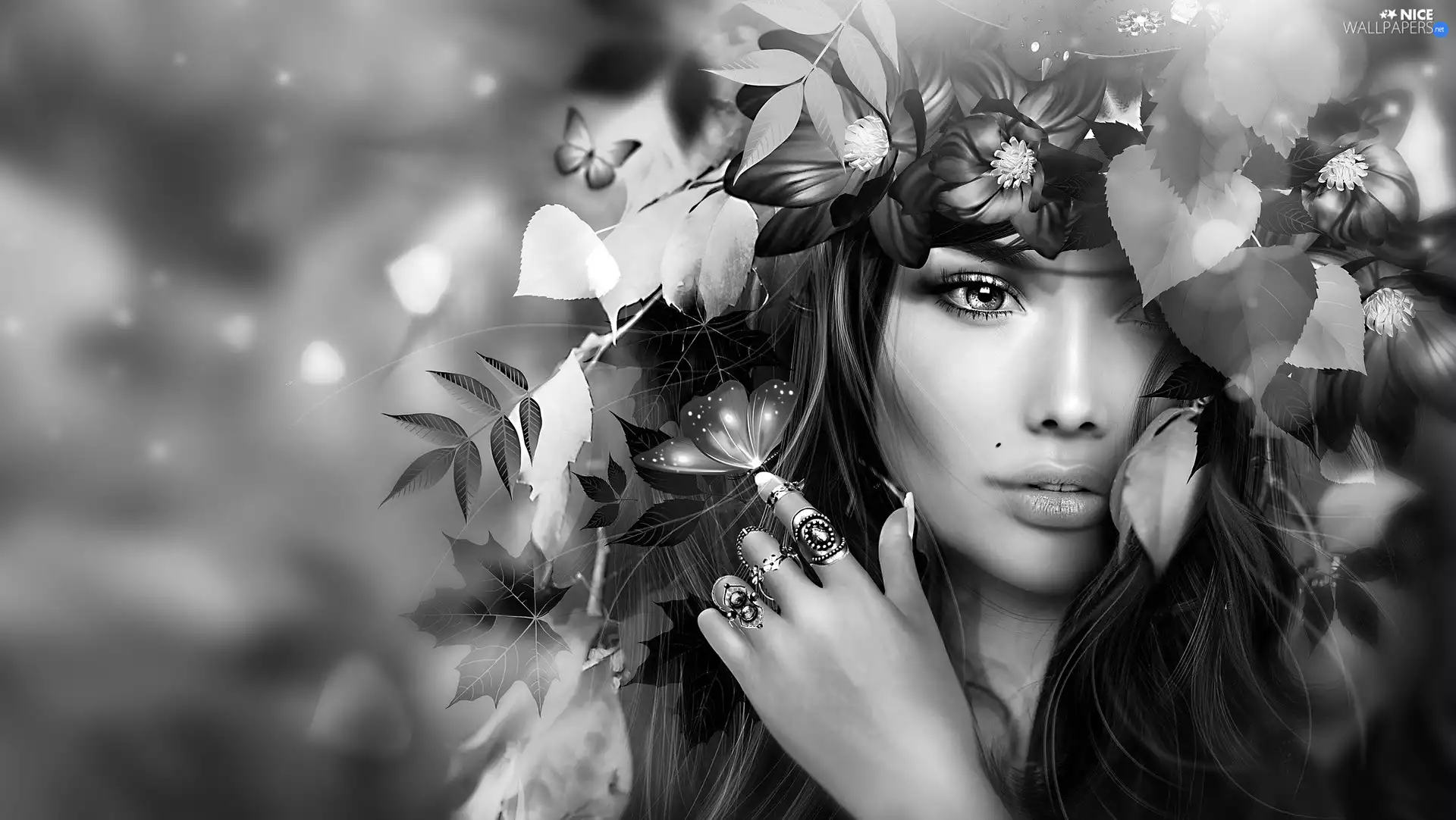 Leaf, 2D Graphics, Black and white, rings, Women
