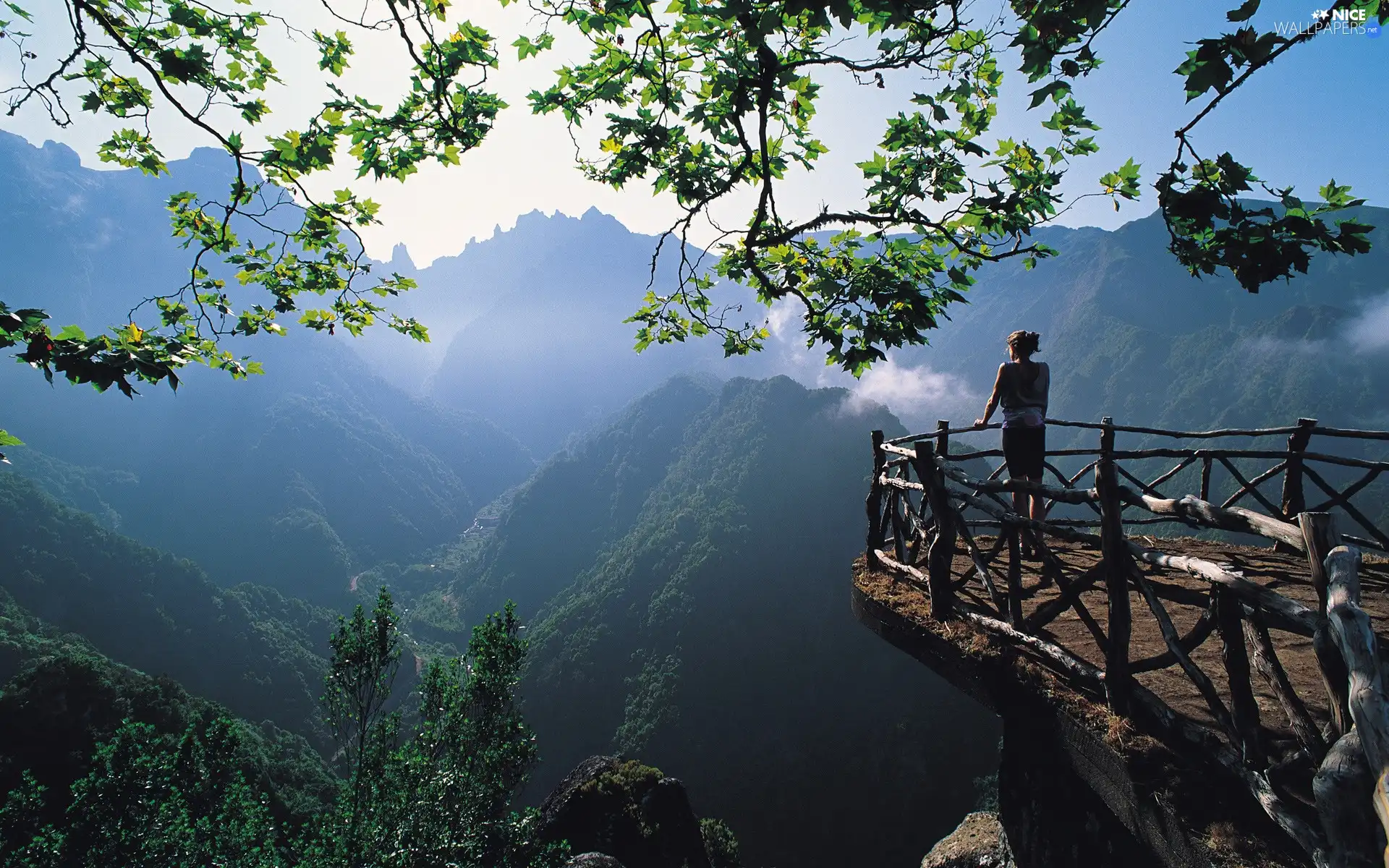 Mountains, landscape, Women, terrace