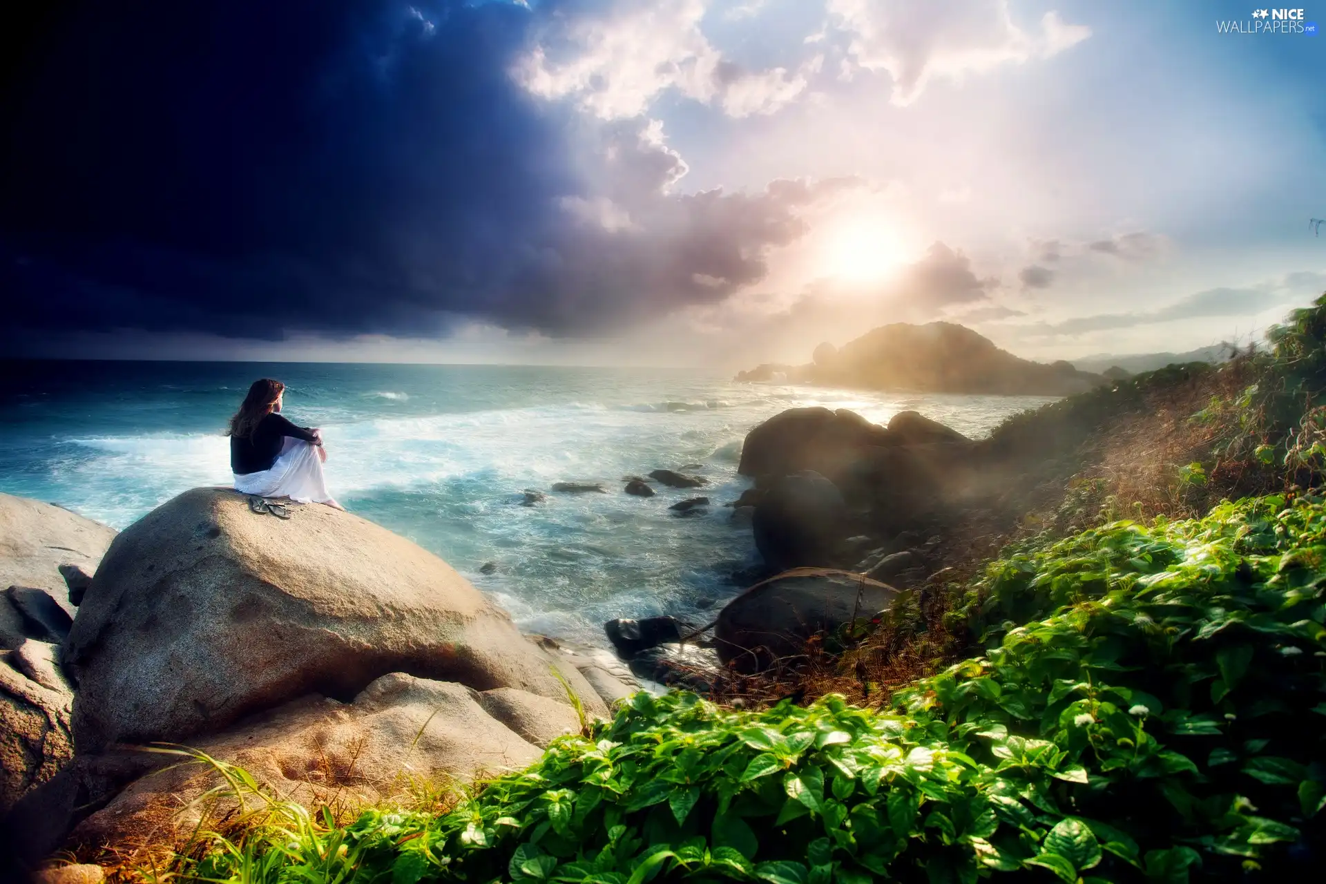 Women, sea, Stones