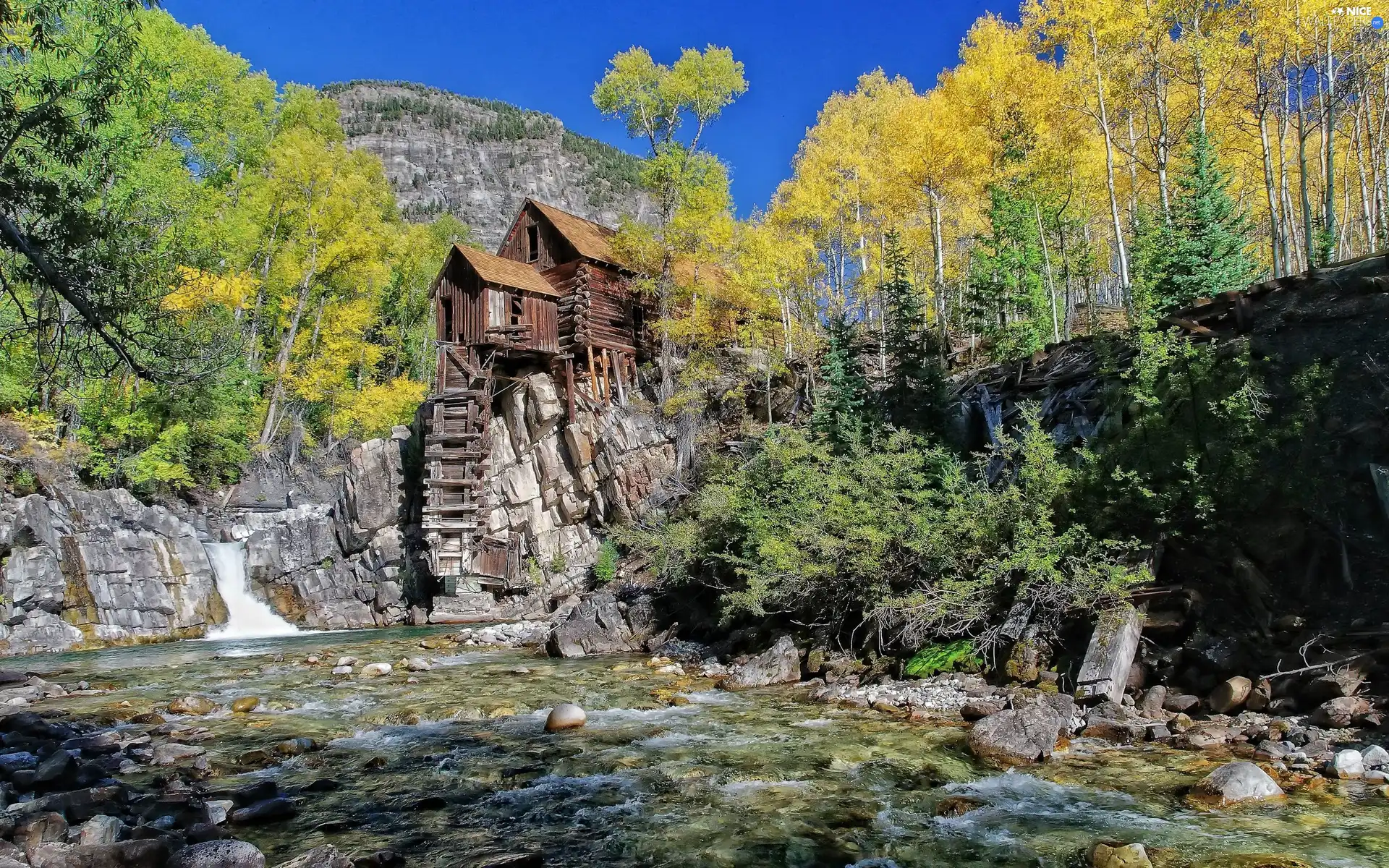 viewes, River, wooden, Home, rocks, trees