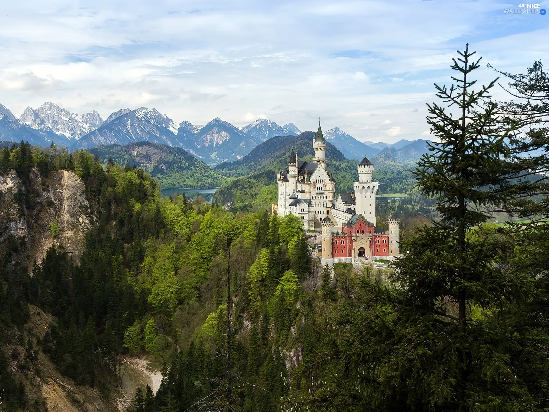 Castle, Mountains, woods, Neuschwanstein