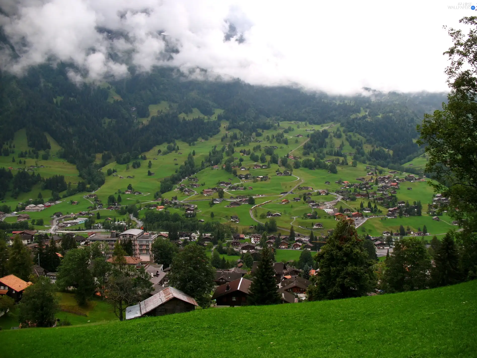 woods, clouds, ##, mountains, Town