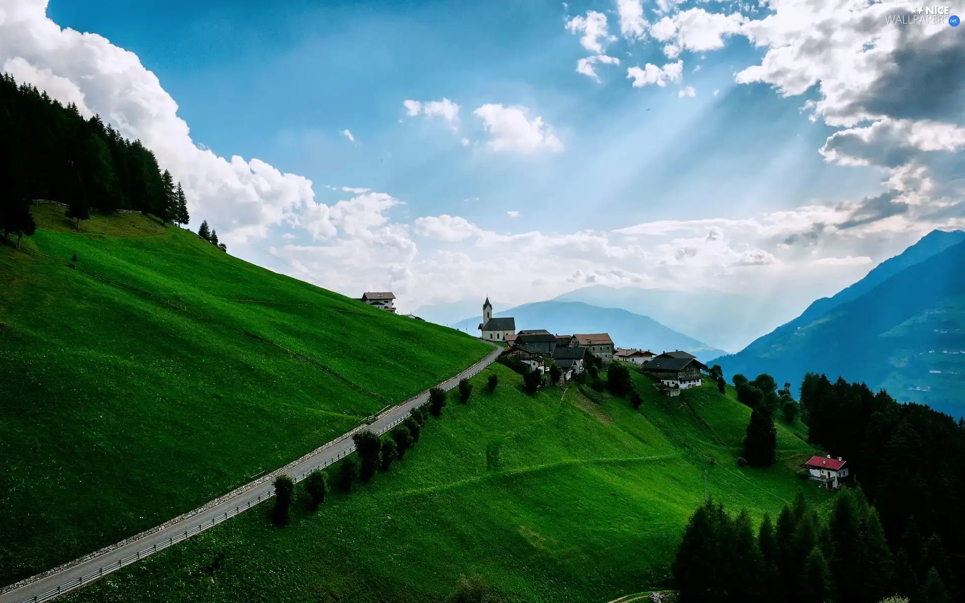 medows, Mountains, woods, clouds, Way, Houses