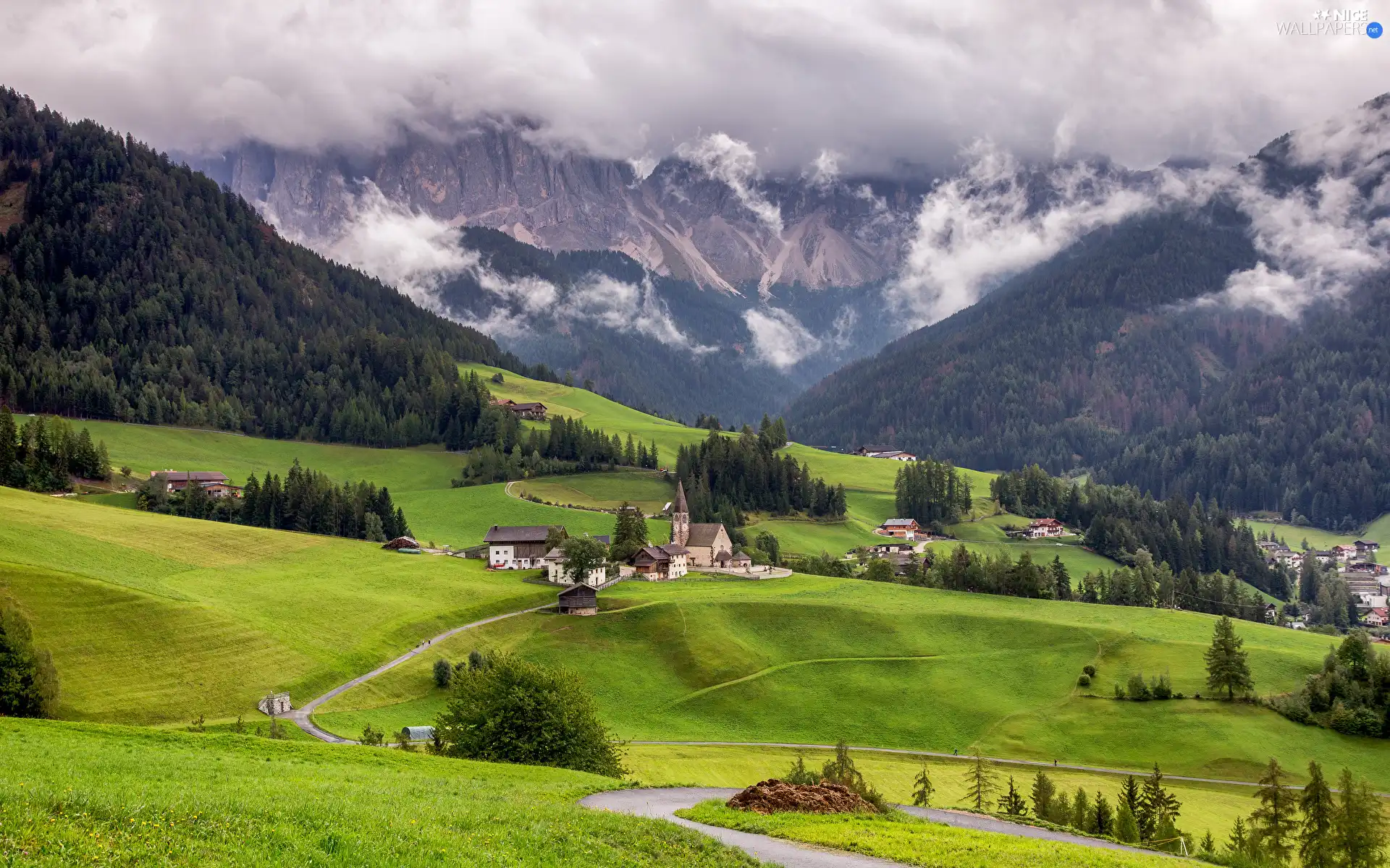 trees, South Tyrol, country, Italy, Fog, woods, Santa Maddalena, Houses, Church, clouds, Dolomites, Mountains, Way, viewes
