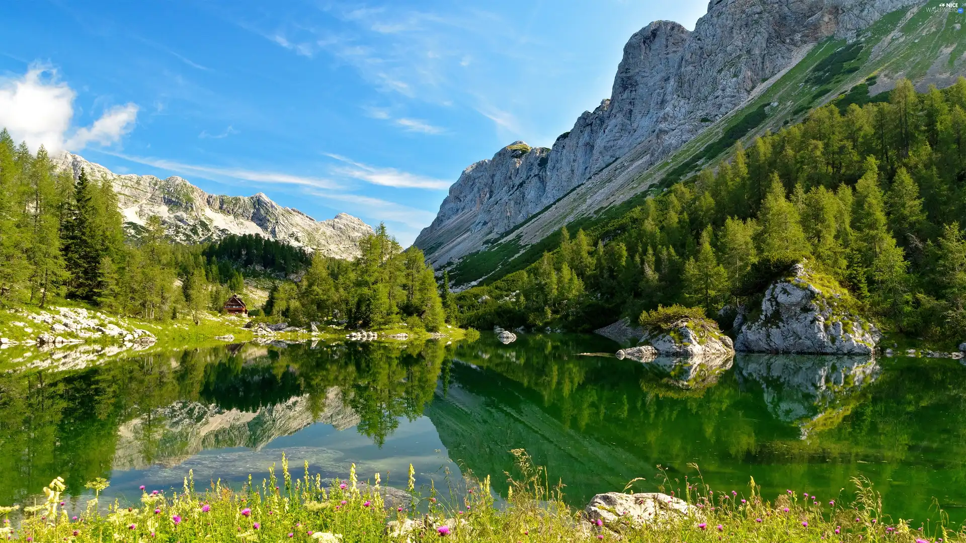 lake, clouds, woods, Mountains