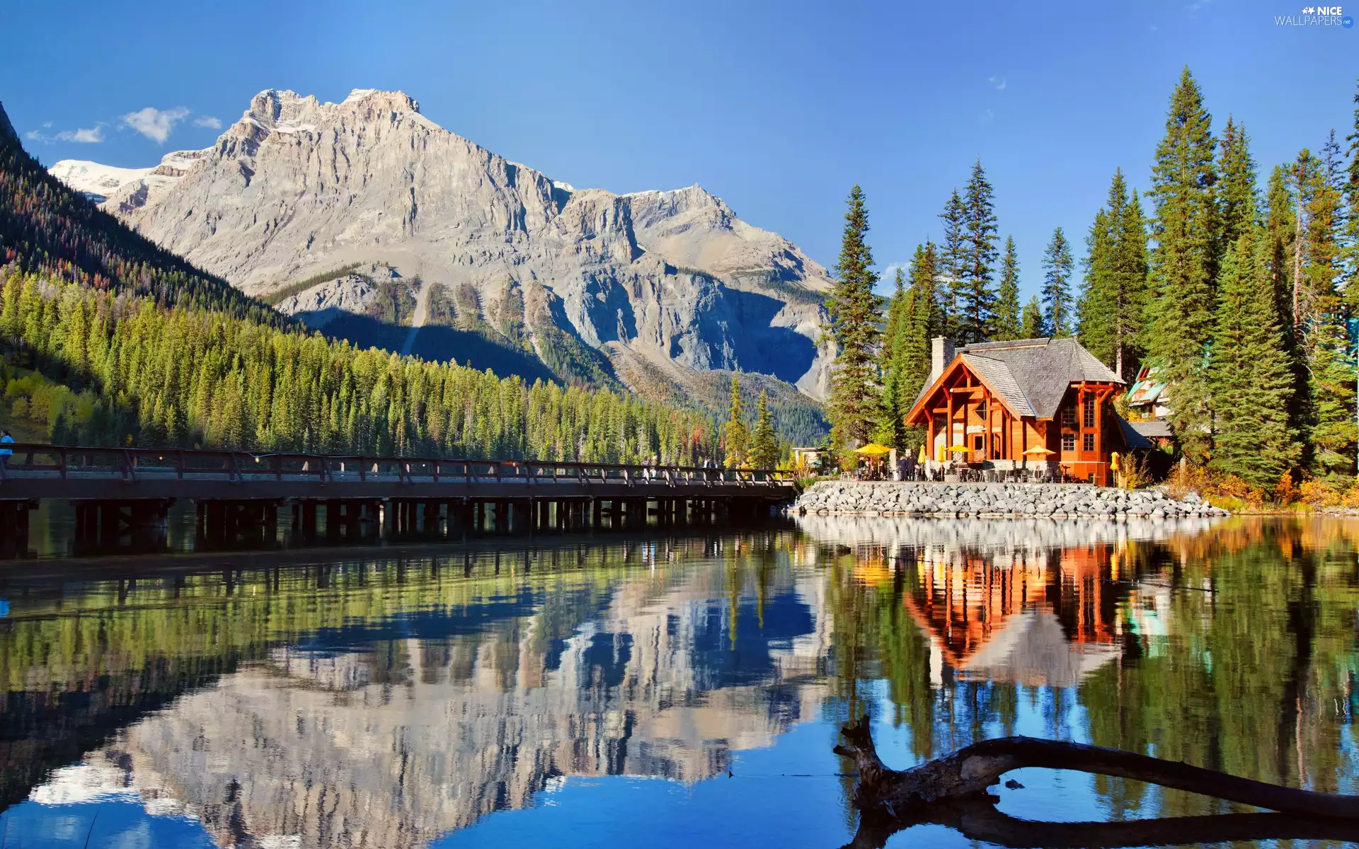 Mountains, Restaurant, lake, woods
