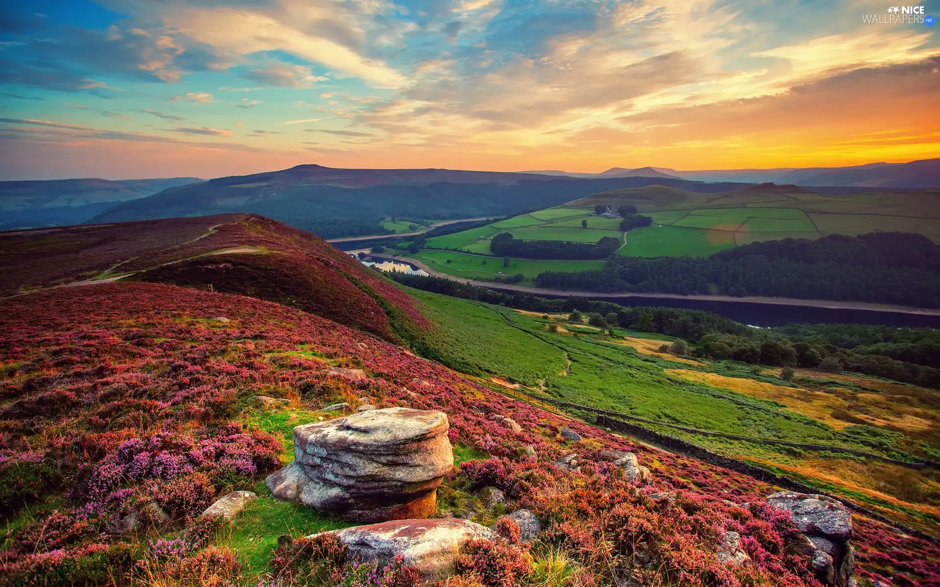 Mountains, woods, England, Valley, sun, field, River, west