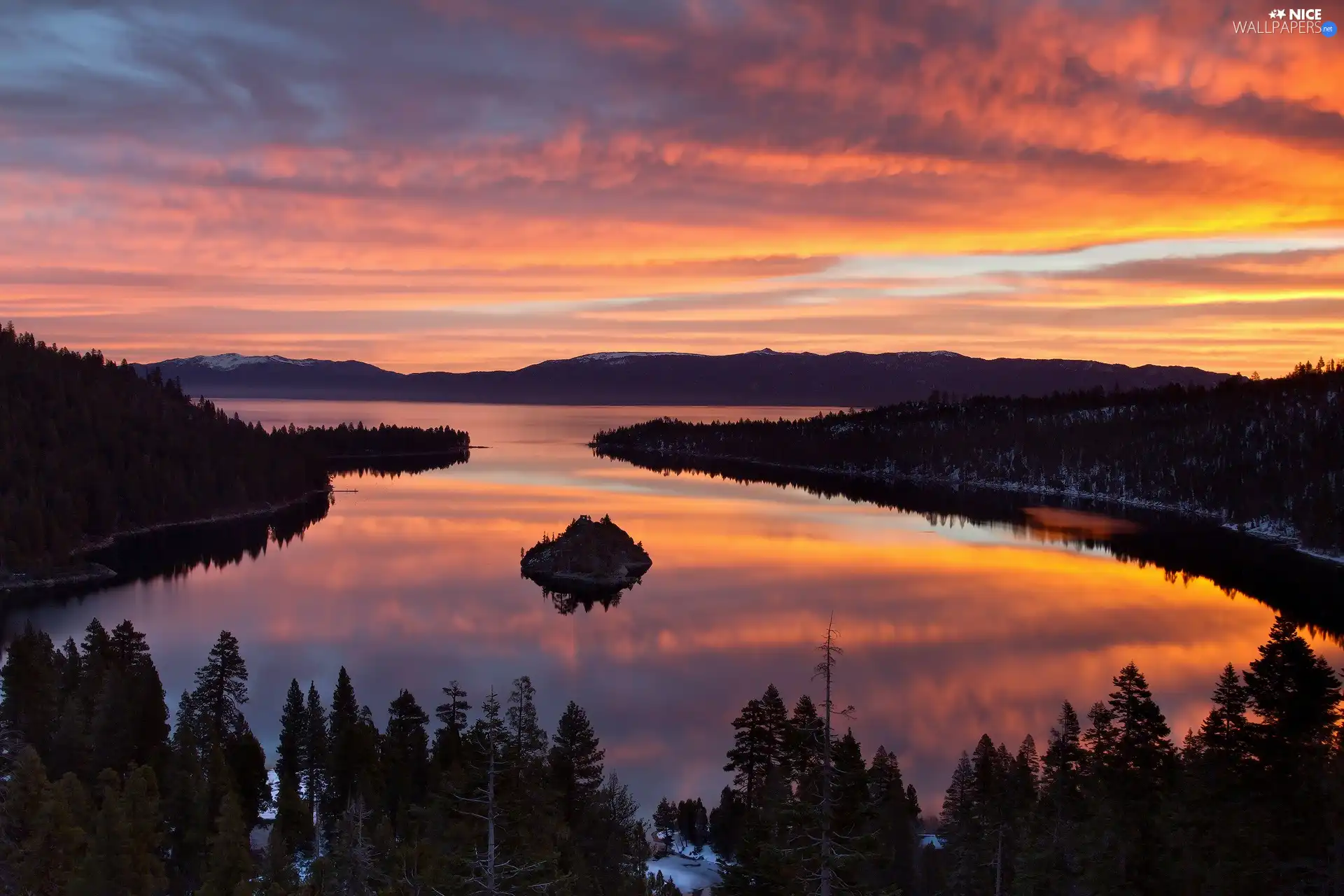 woods, Mountains, sun, lake, west