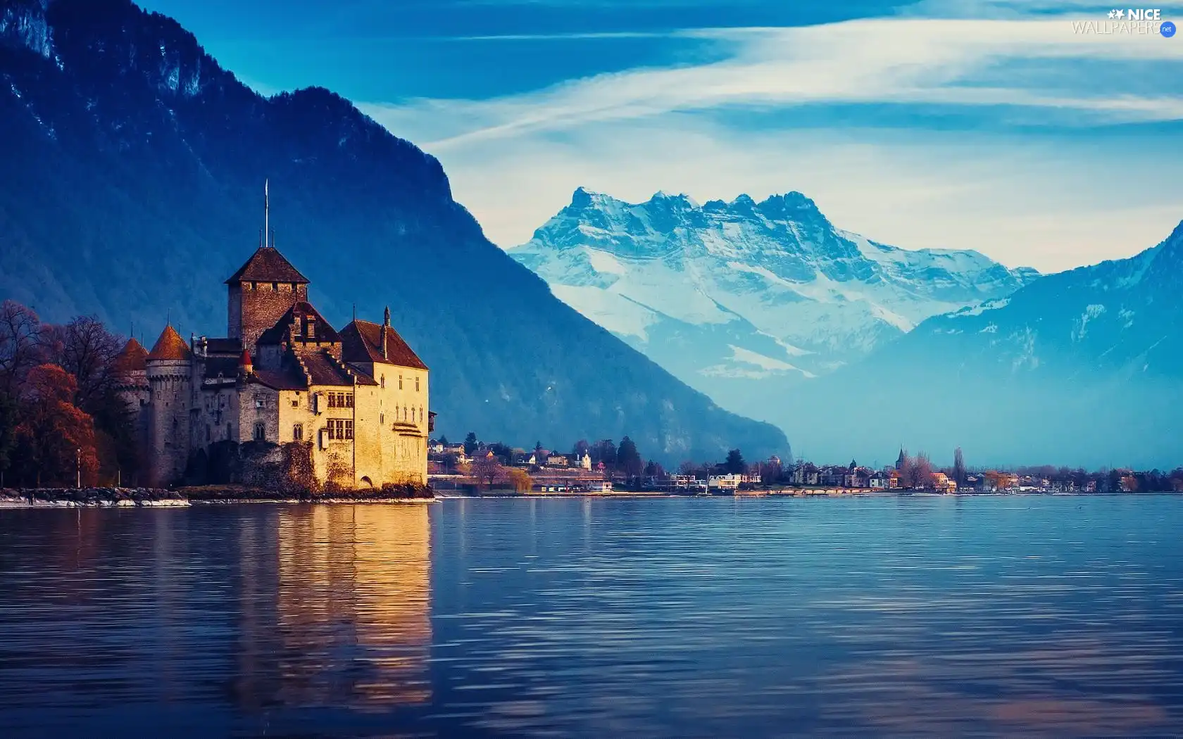 River, buildings, woods, Mountains