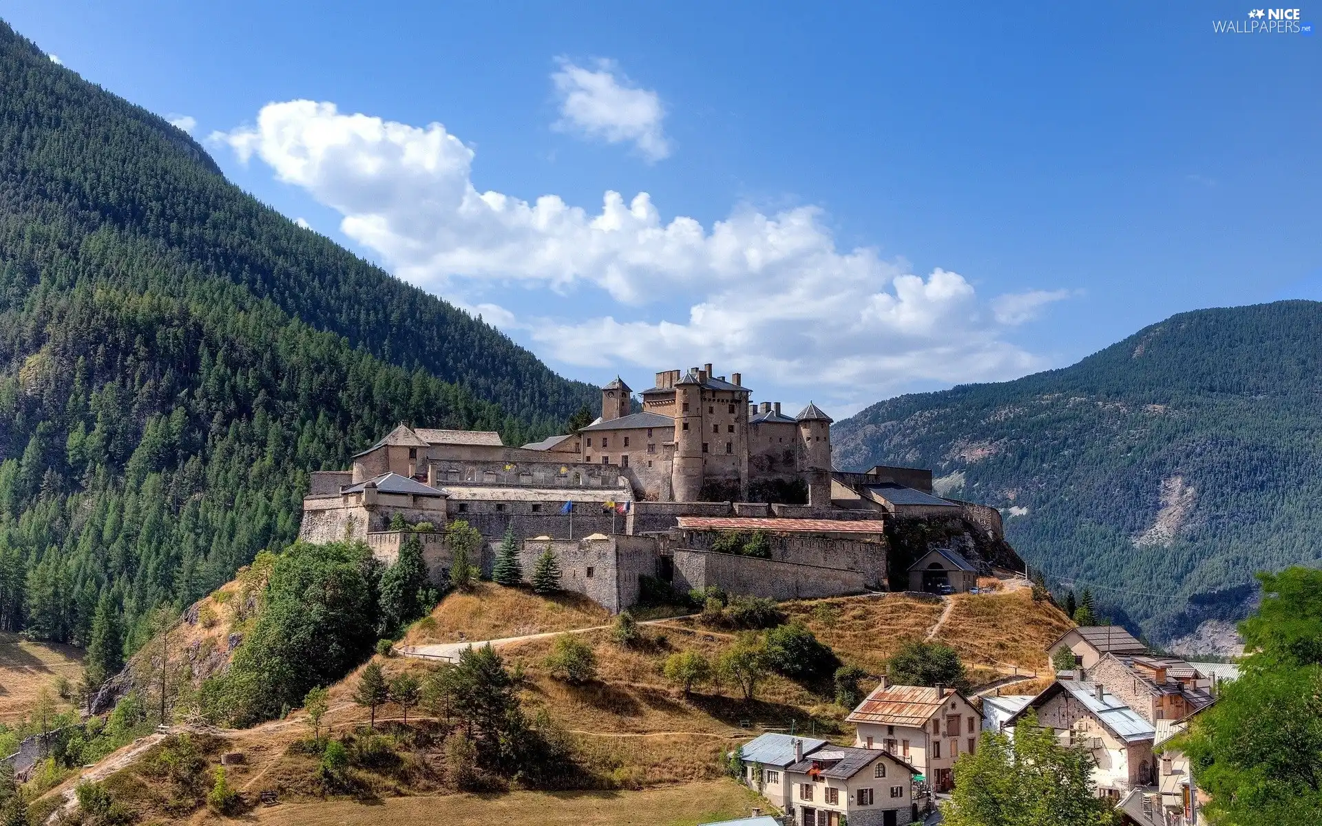 woods, Sky, Houses, Mountains, Castle