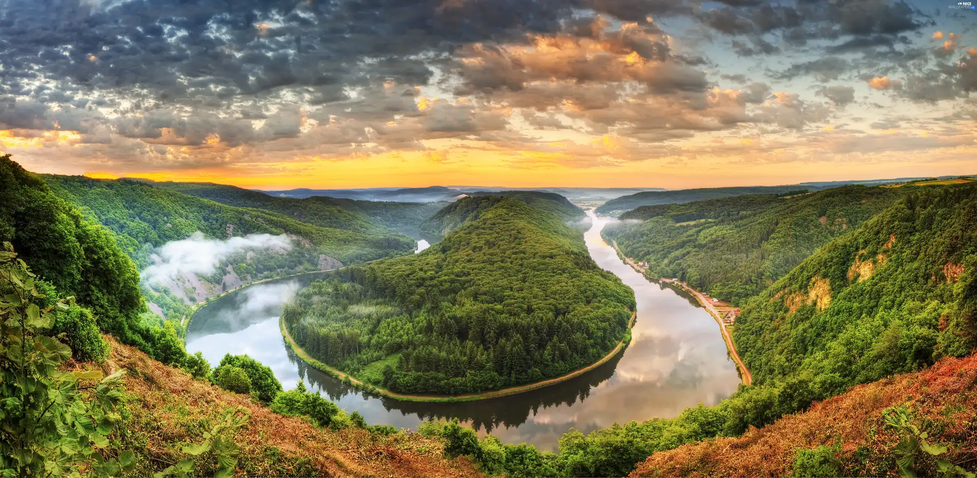 west, River, woods, sun