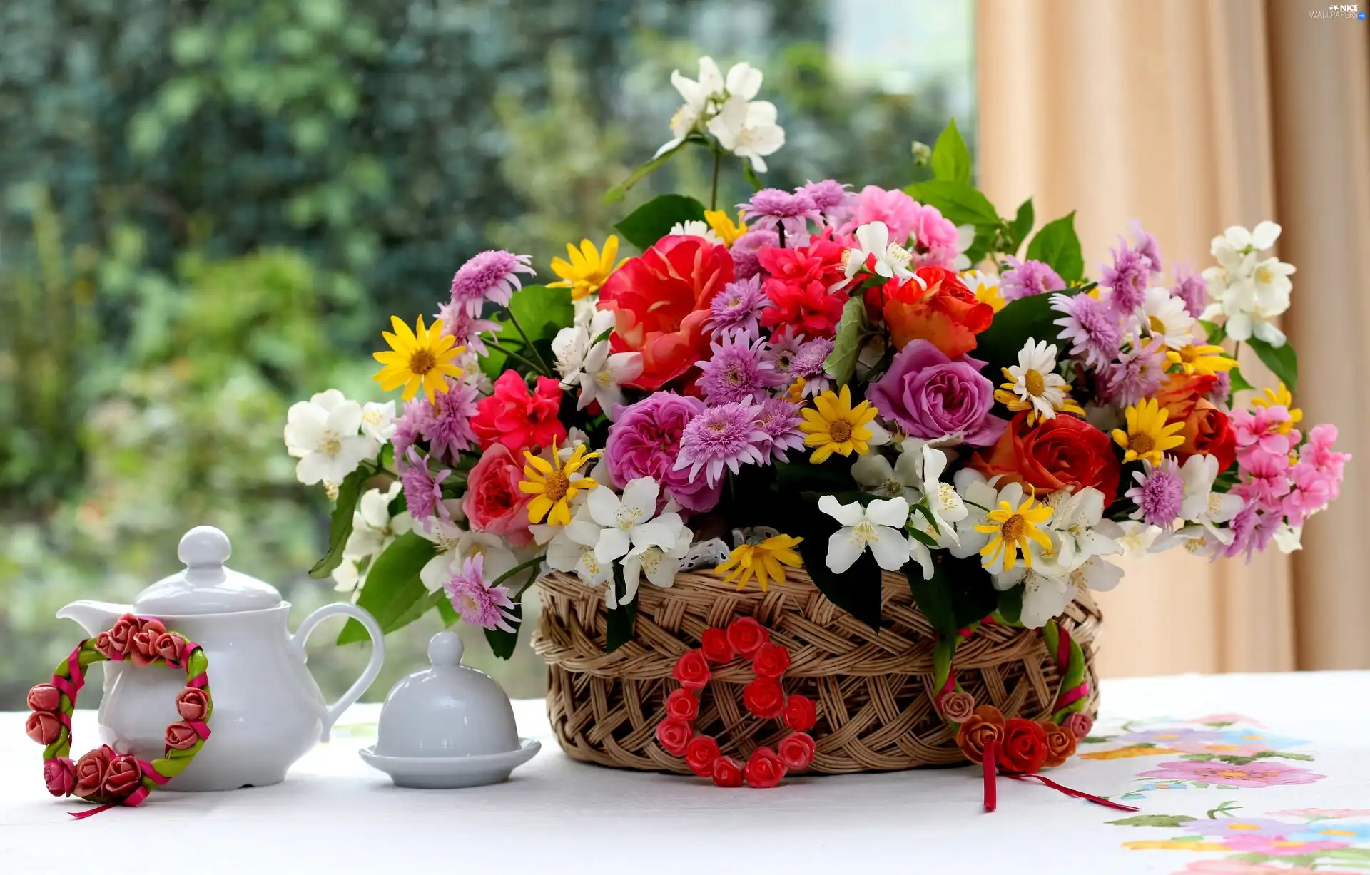 wreaths, basket, different, flowers, bouquet