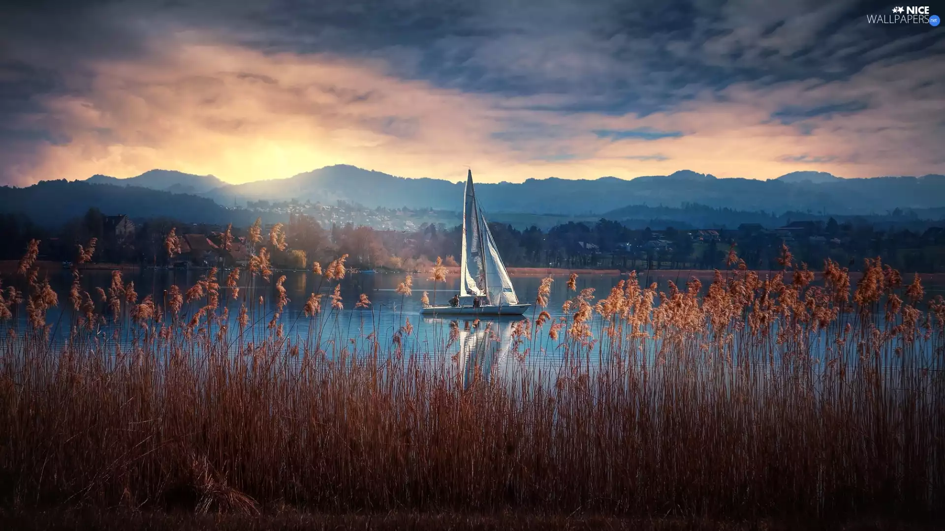 Yacht, scrub, clouds, rushes, lake, The Hills, Great Sunsets
