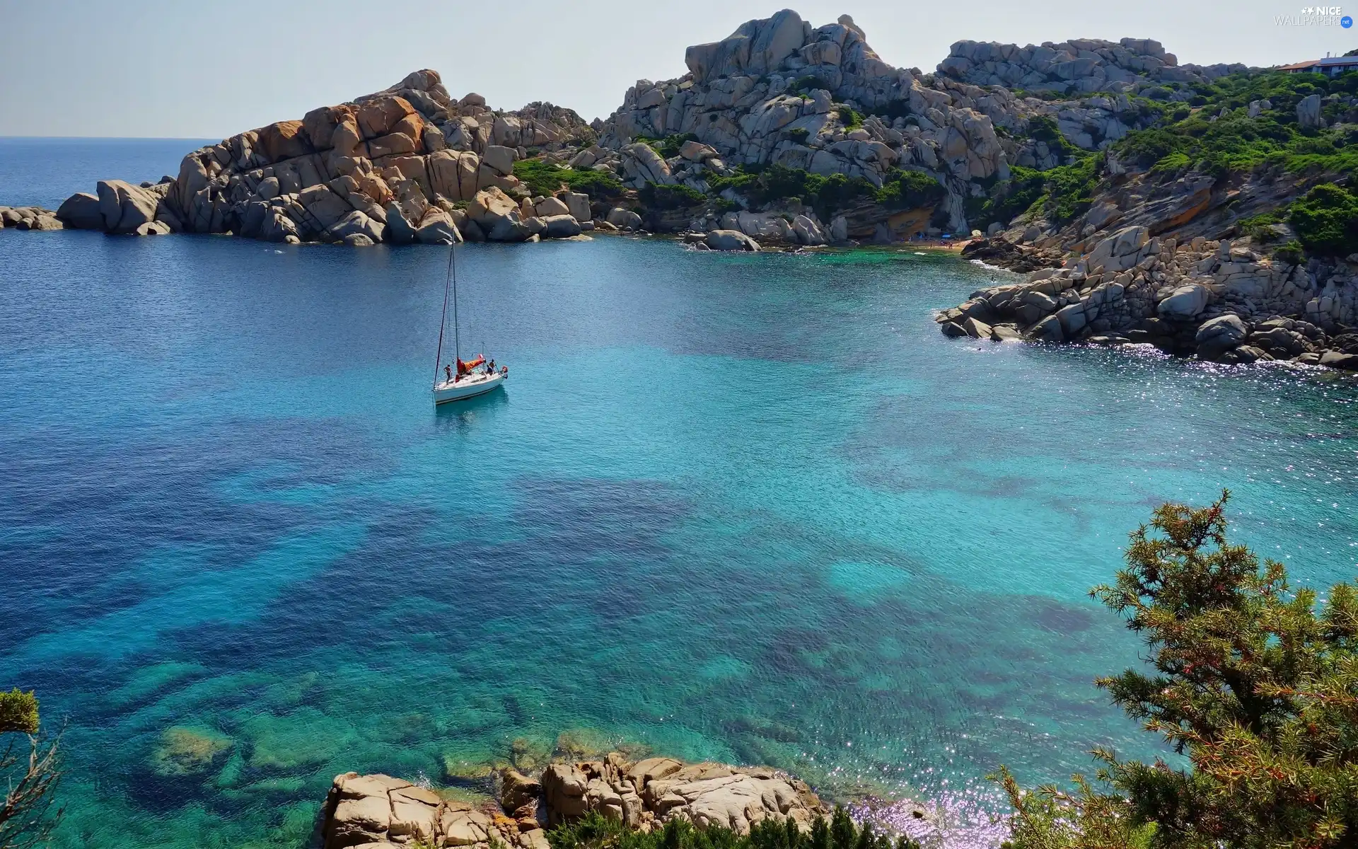 sea, Gulf, Yacht, rocks