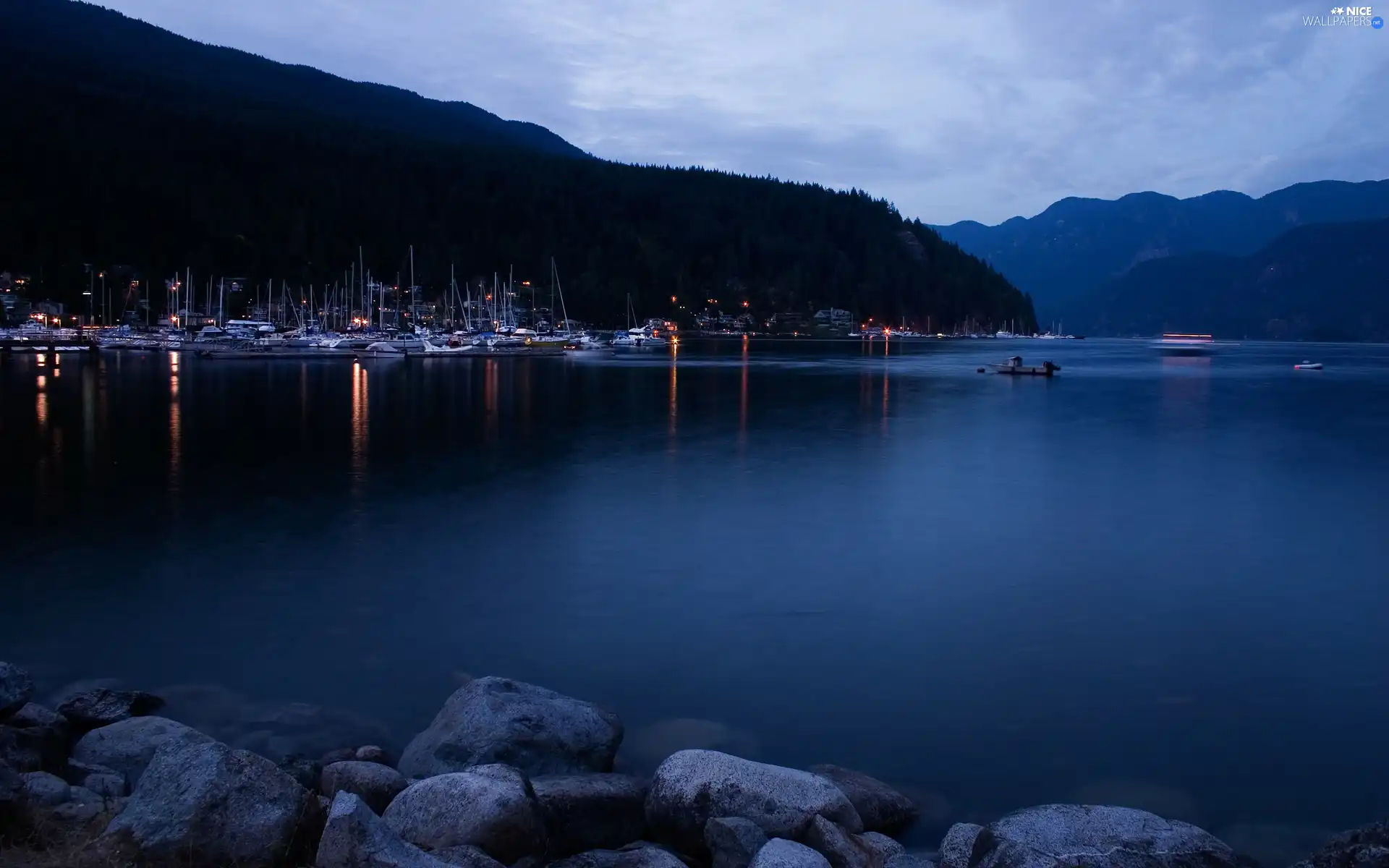 lake, Marina, Yachts, evening